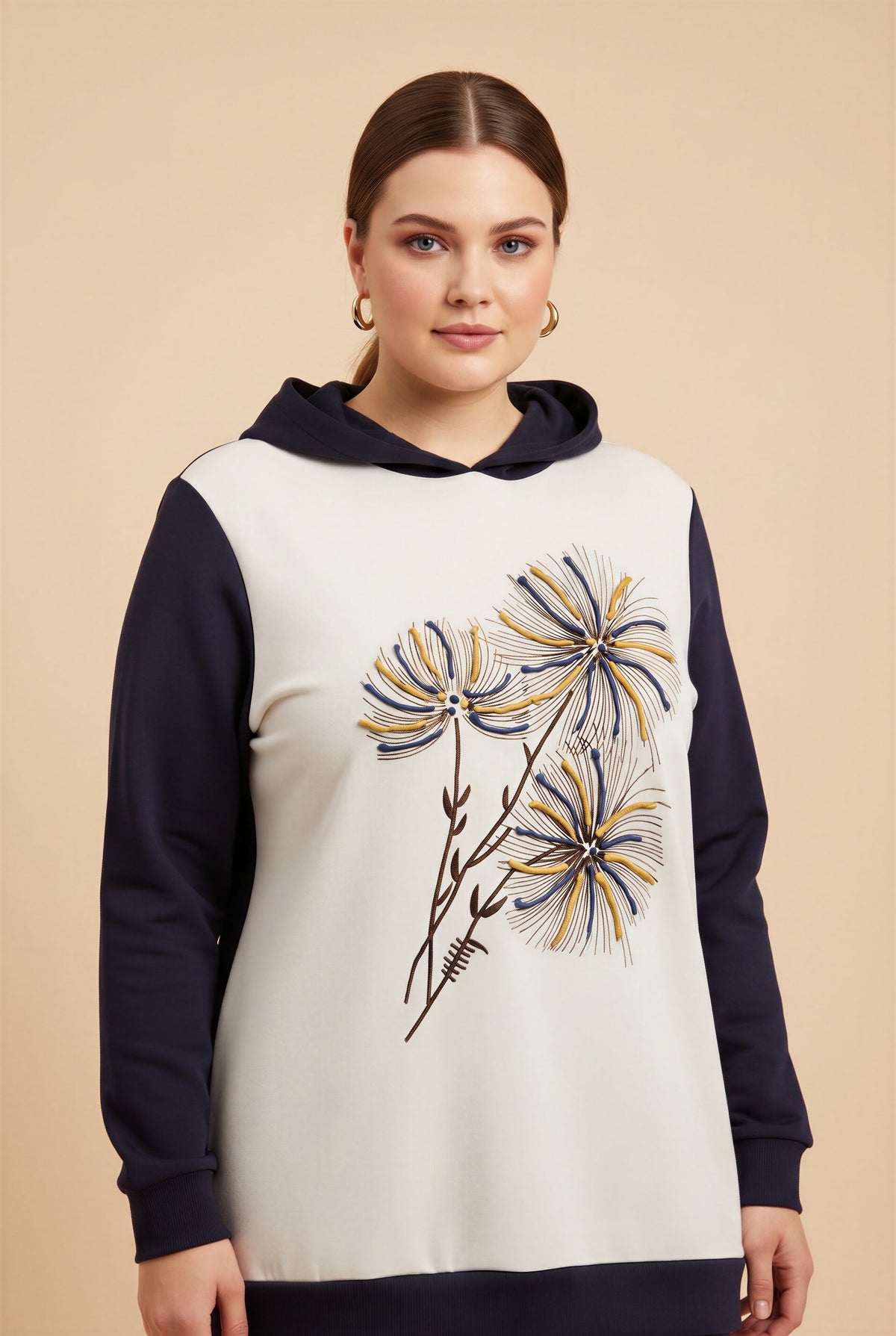 Özel Baskılı Kapşonlu Büyük Beden Sweatshirt Lacivert