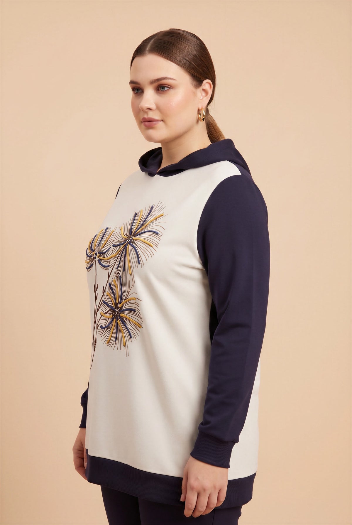 Özel Baskılı Kapşonlu Büyük Beden Sweatshirt Lacivert