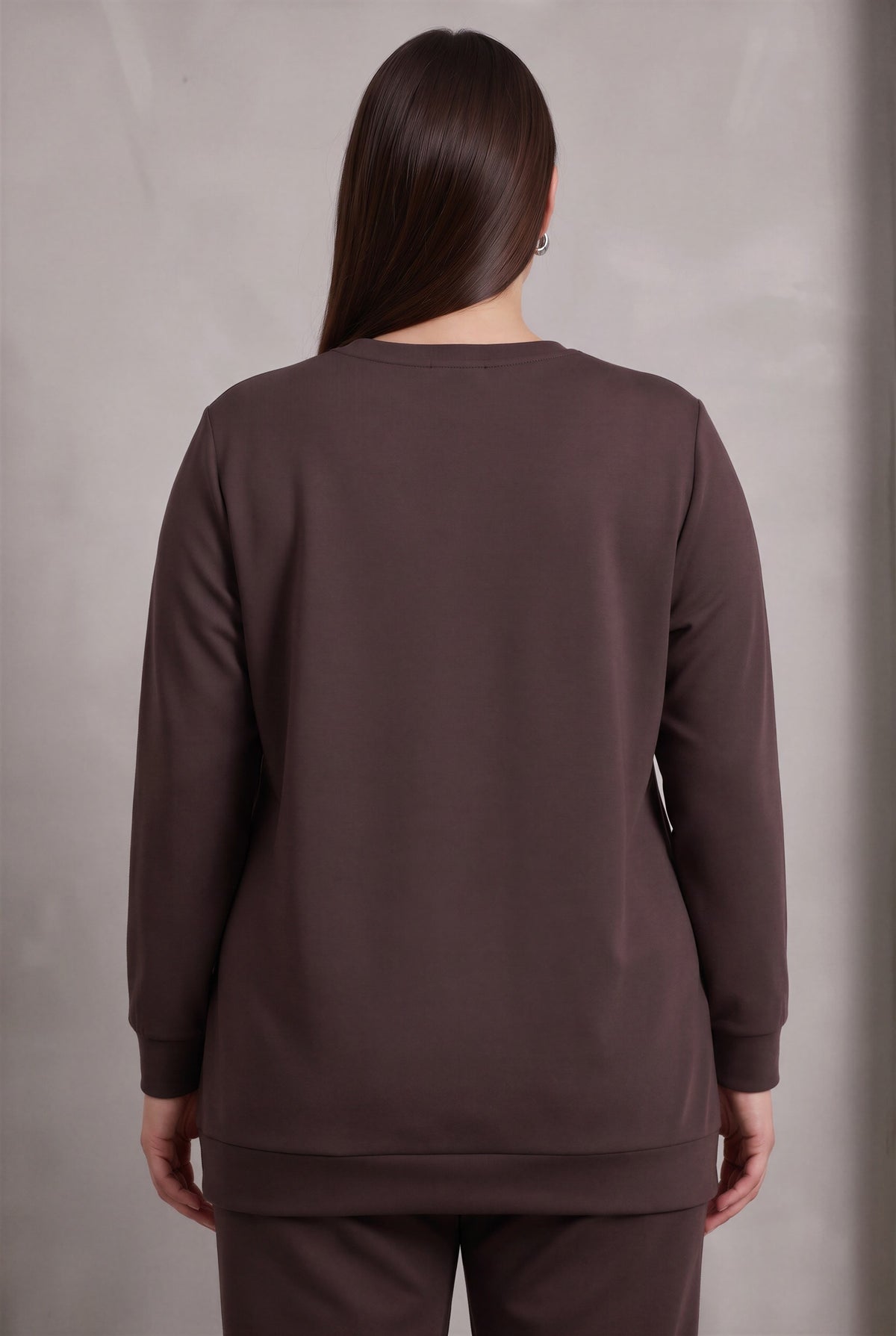 Taş Detaylı Büyük Beden Modal Örme Sweat Kahve