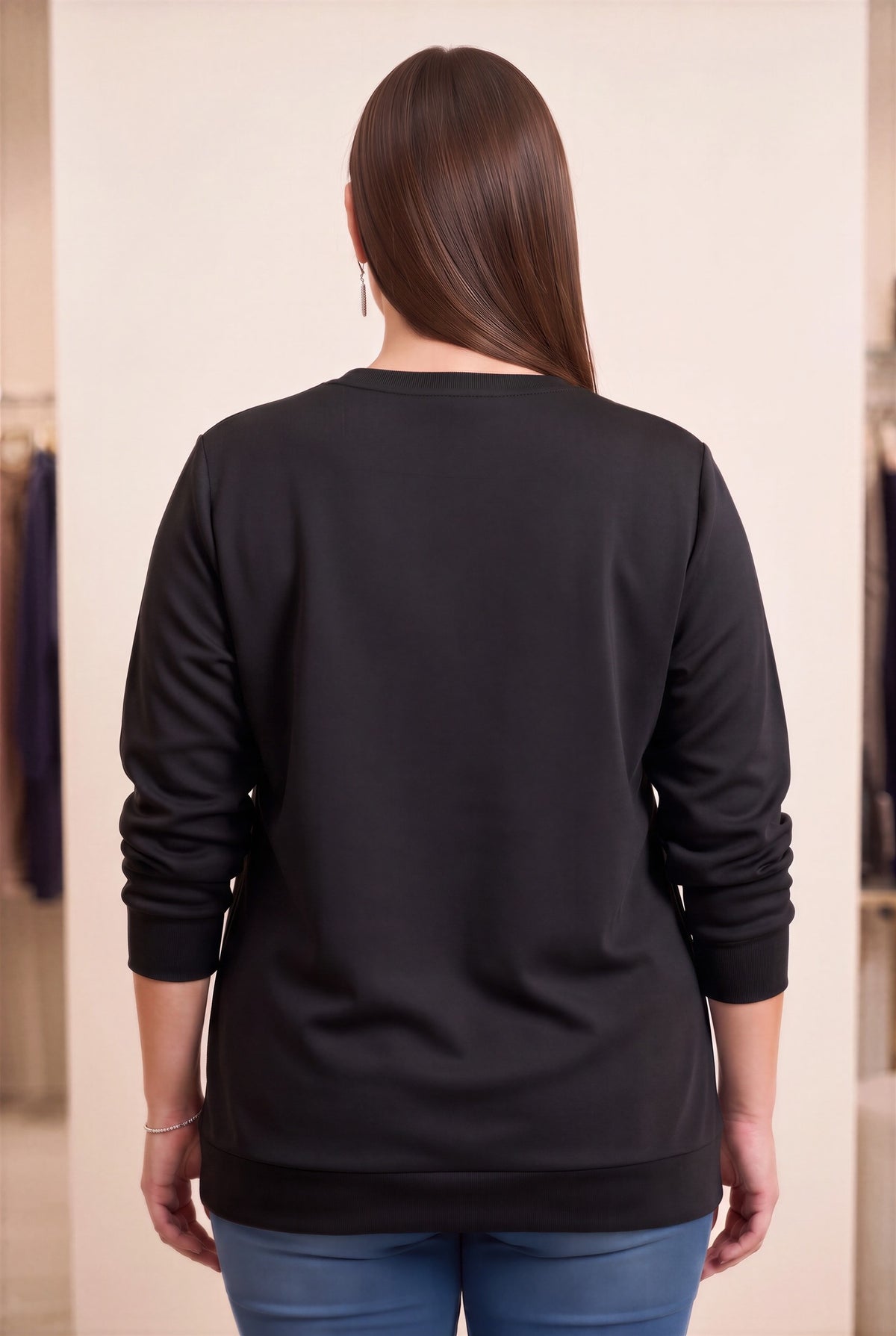 Taş Detaylı Büyük Beden Modal Örme Sweat Siyah