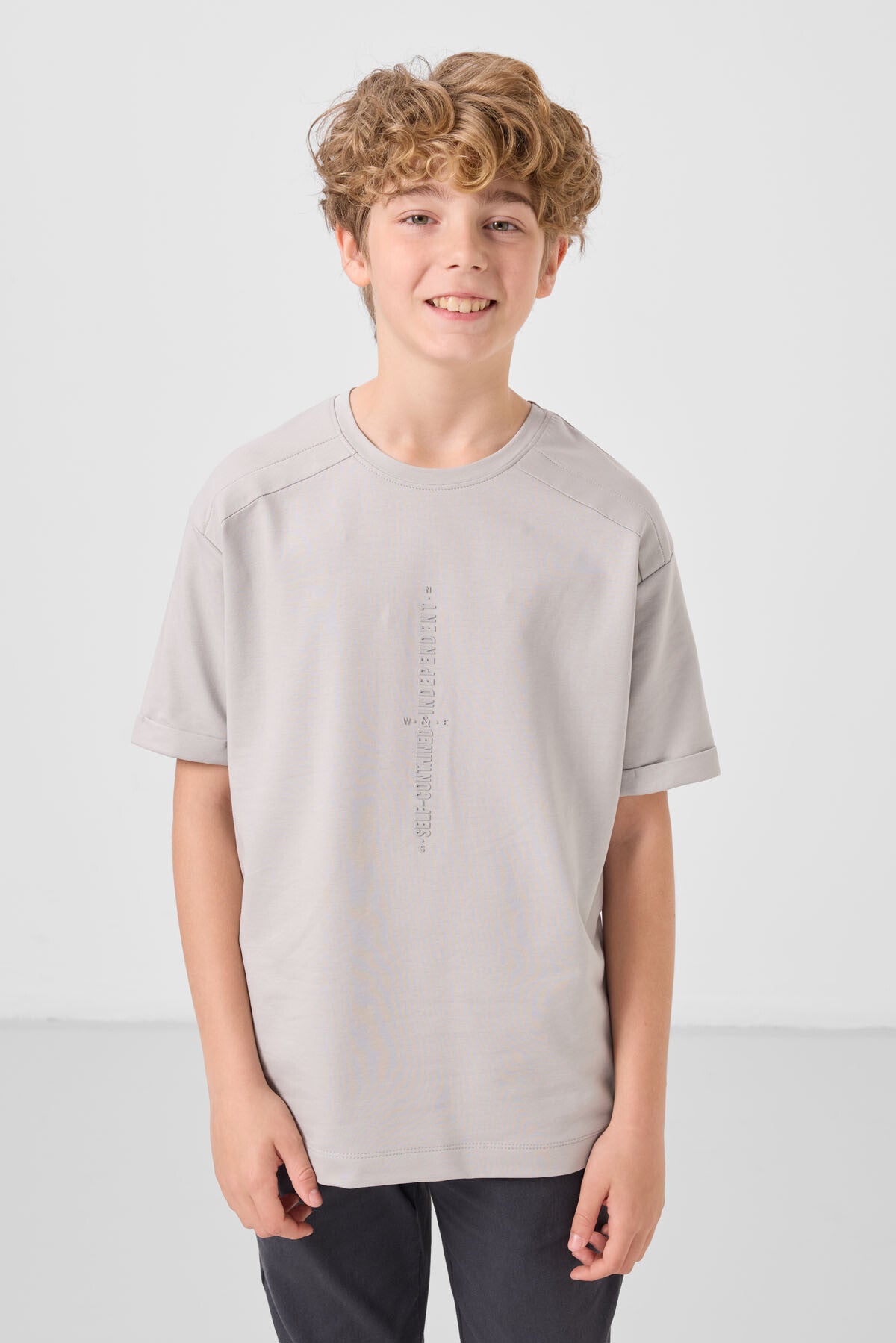 Taş Pamuklu Yumuşak Dokulu Oversize Baskılı Erkek Çocuk T-Shirt - 11301