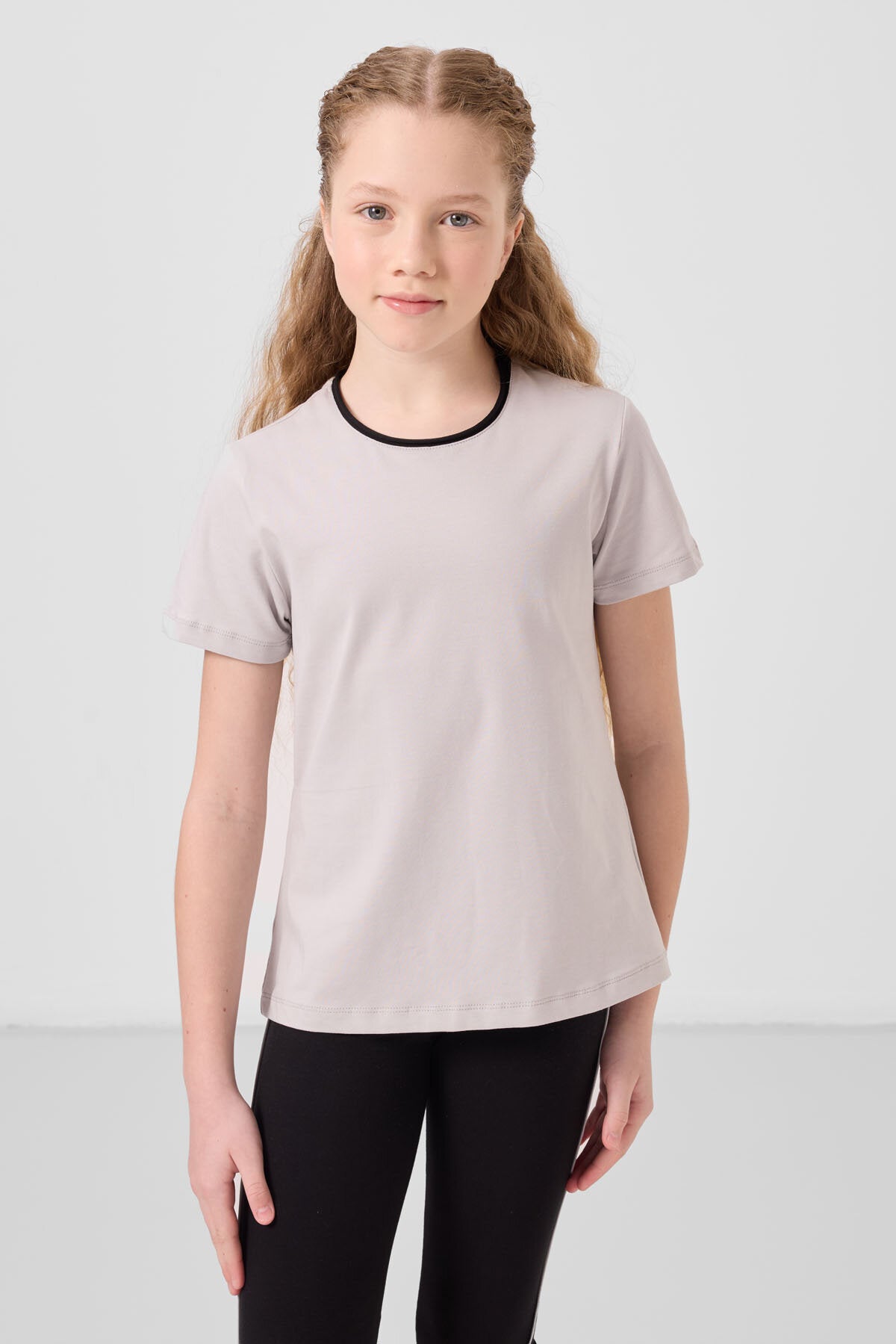 Taş-Siyah Pamuklu O Yaka Standart Fit Basic İspanyol Paça Kız Çocuk Tayt Takım - 75192