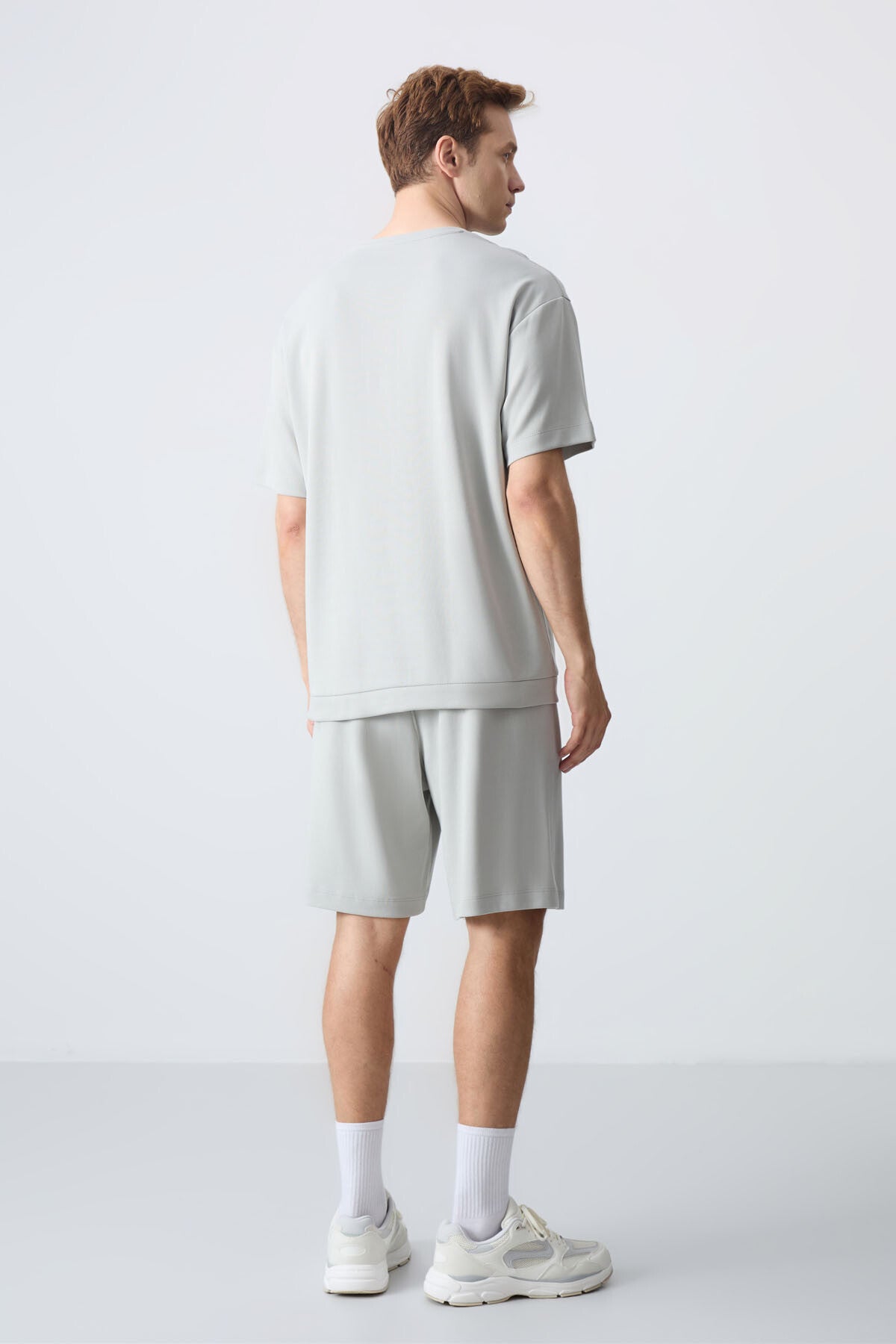 Taş Pamuklu Kalın Yumuşak Dokulu Oversize Fit Basic Erkek Şort Takım - 85257