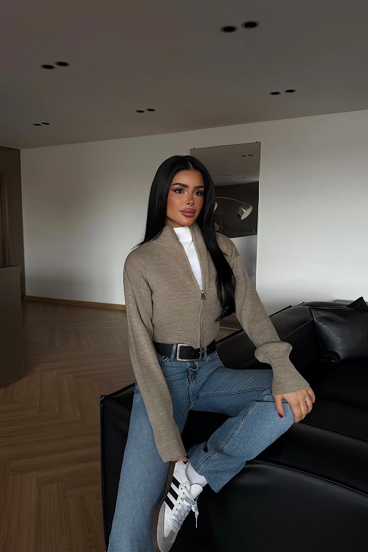 Taş Rengi Balboa Çift Fermuarlı Triko Hırka ATE-4449