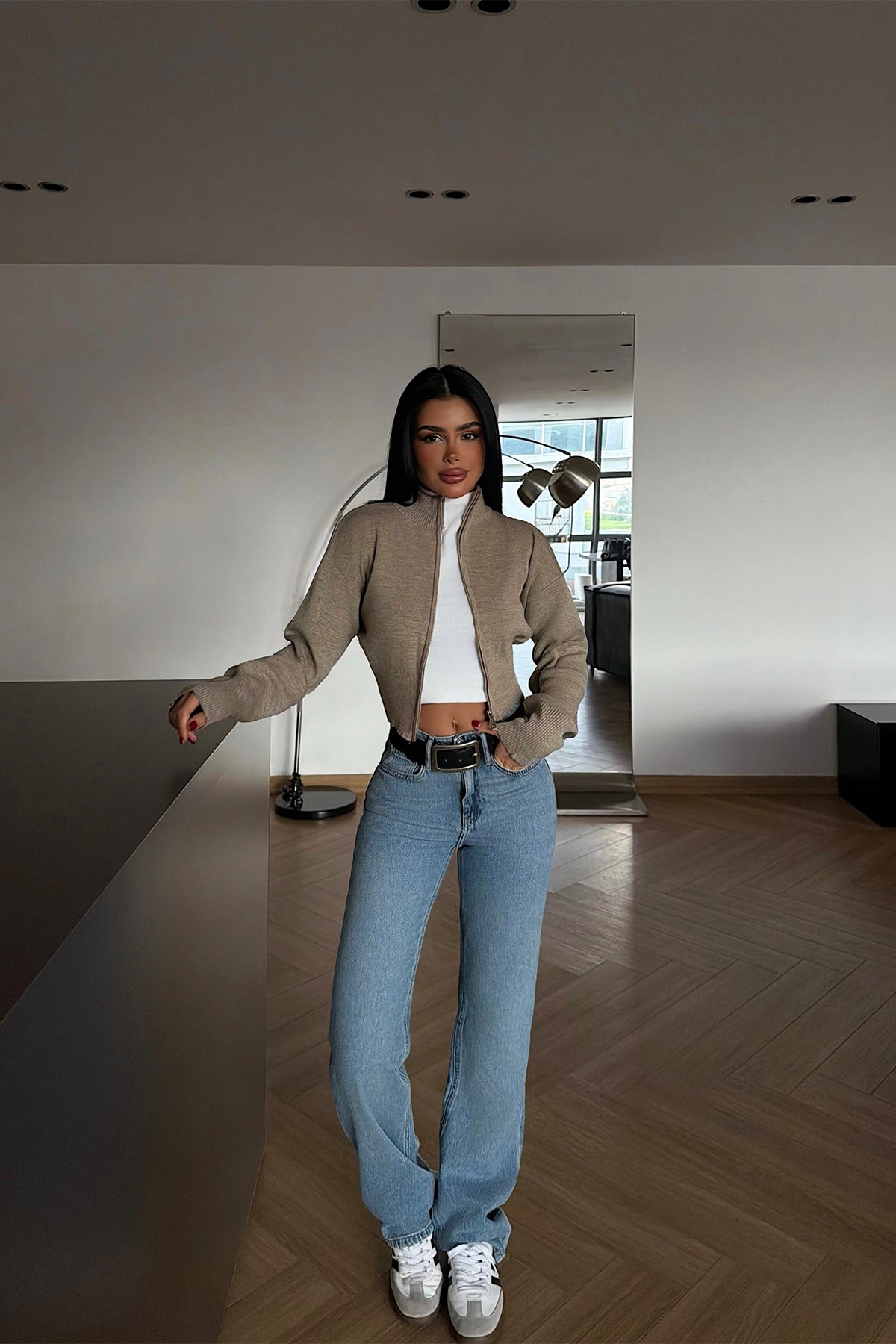 Taş Rengi Balboa Çift Fermuarlı Triko Hırka ATE-4449