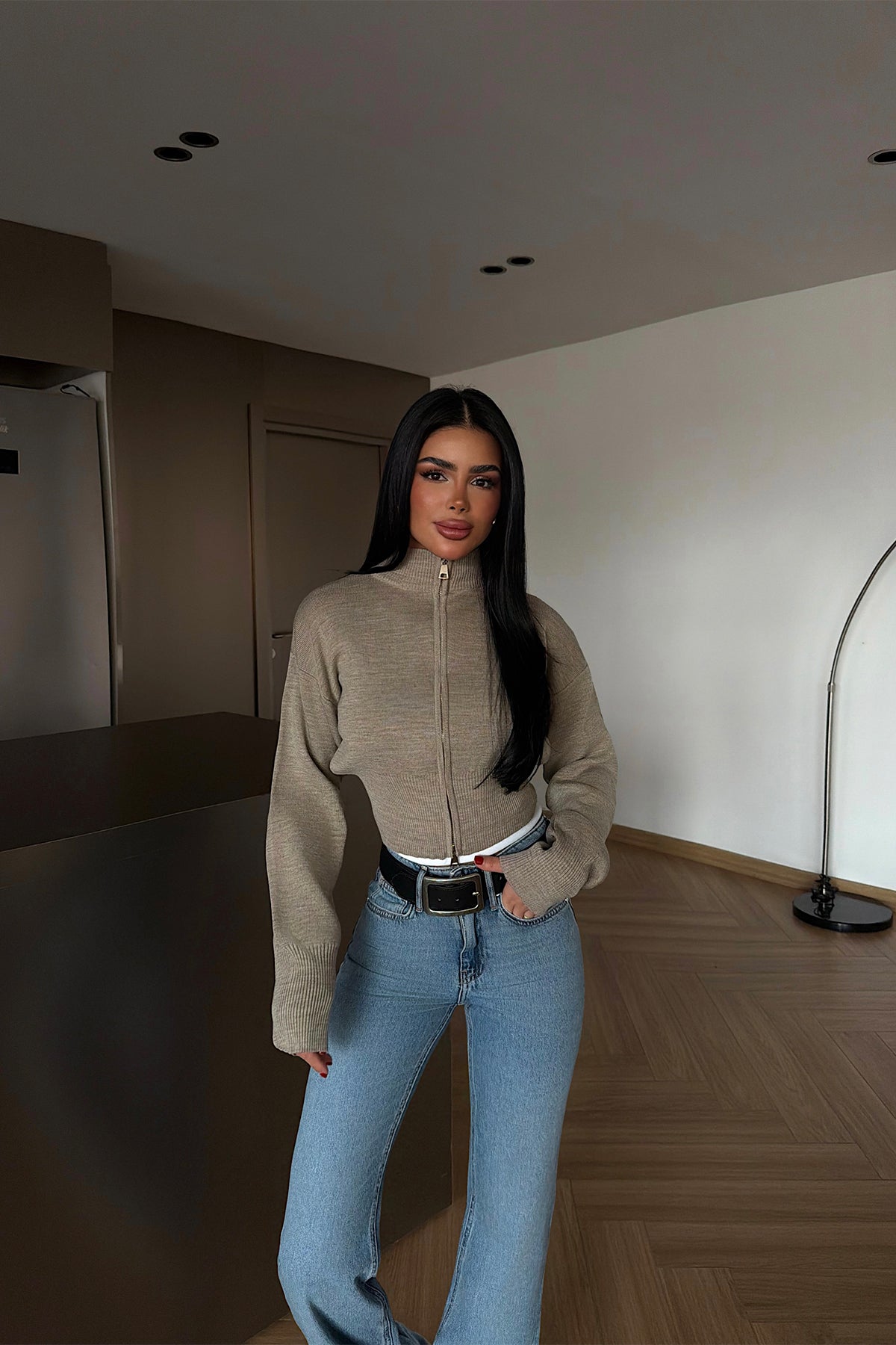 Taş Rengi Balboa Çift Fermuarlı Triko Hırka ATE-4449