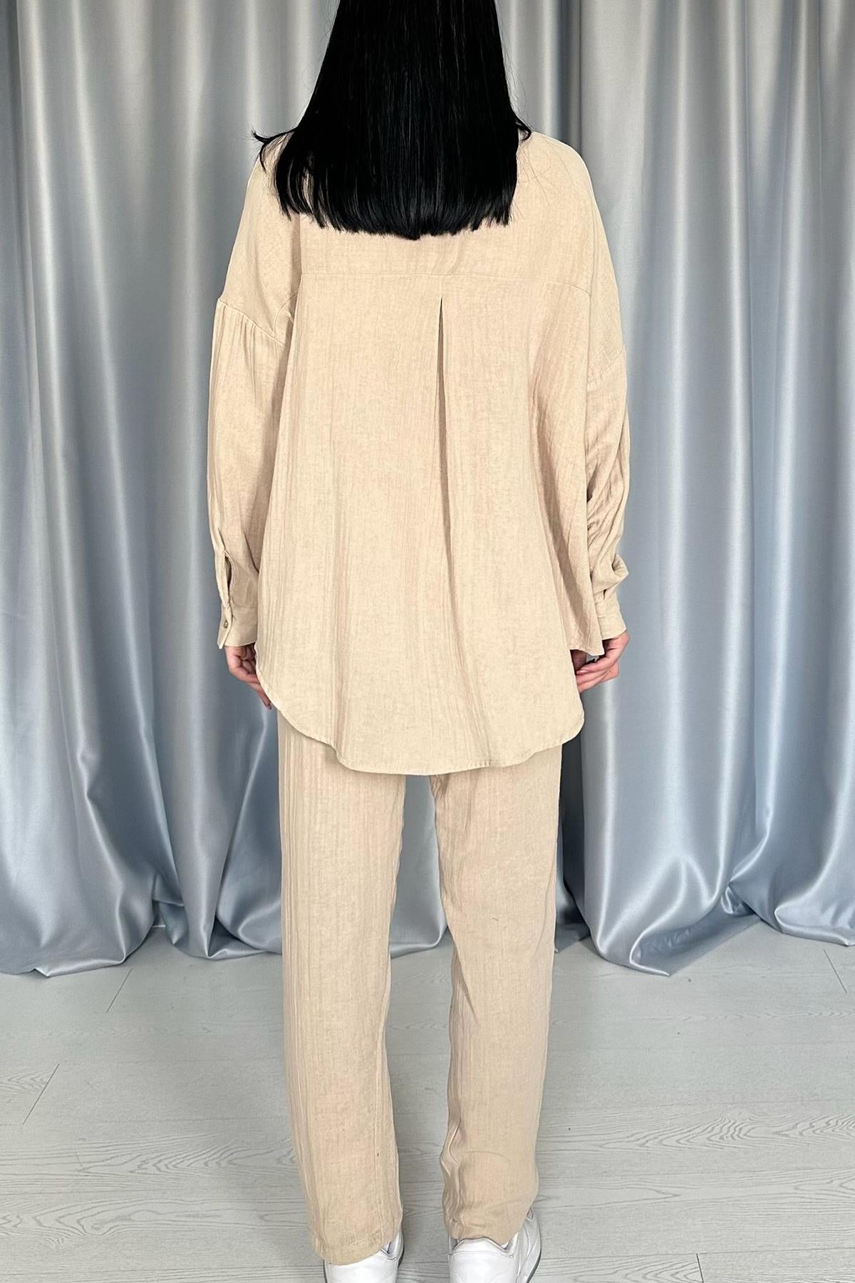 Toptan Bej 3 Taş Motifli Gömlek Ve Pantolon Takım