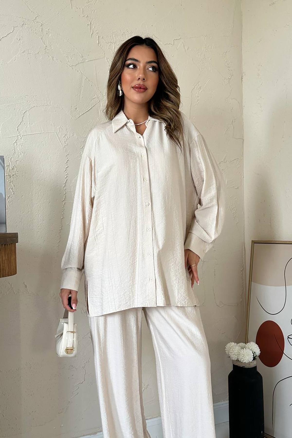 Toptan Bej Alice Gömlek Ve Bol Kesim Pantolon Takım