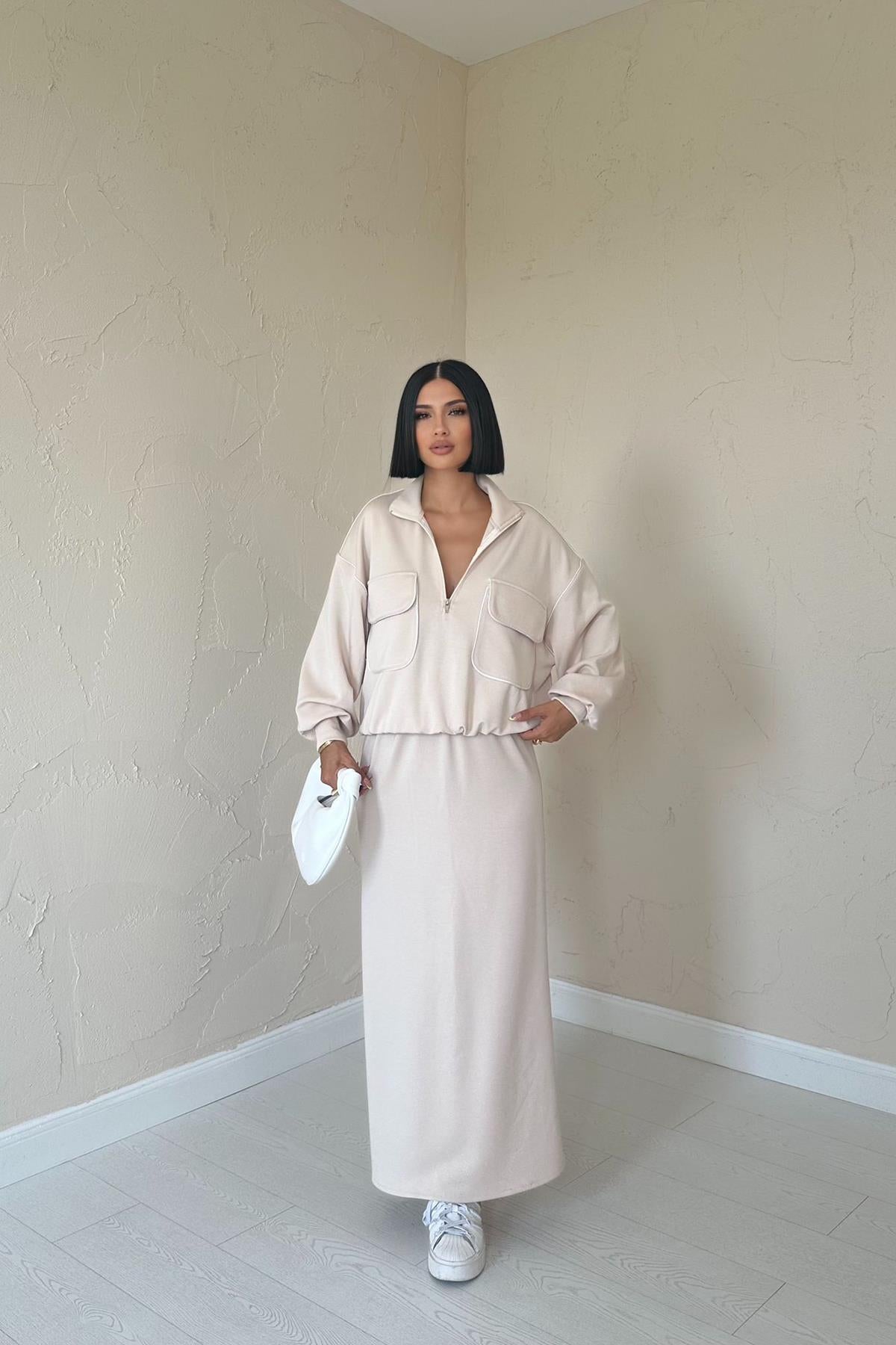 Toptan Bej Biyeli Sweatshirt Ve Etek Takım Bej L