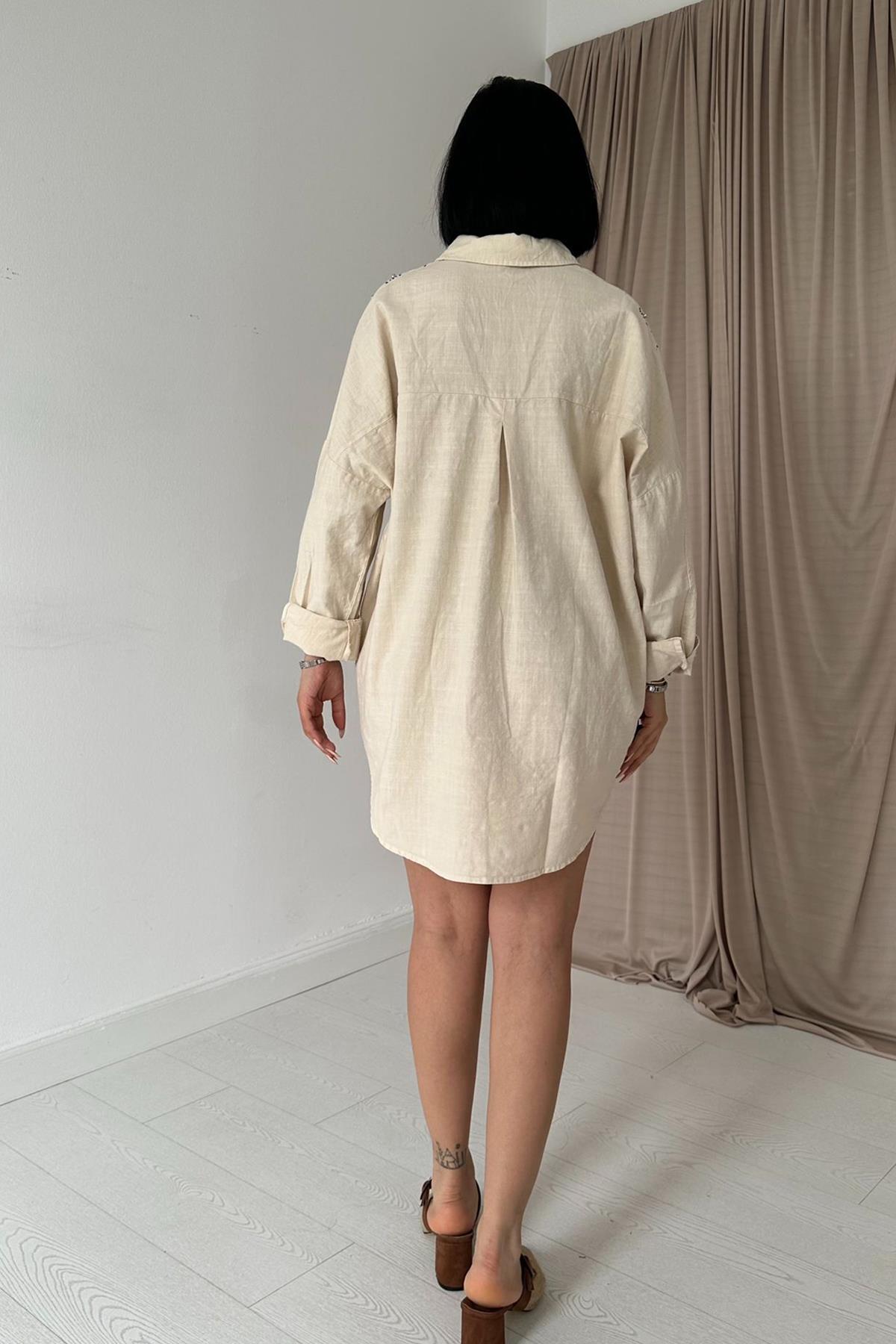 Toptan Bej Boyamalı Keten Baskılı Taşlı Gömlek