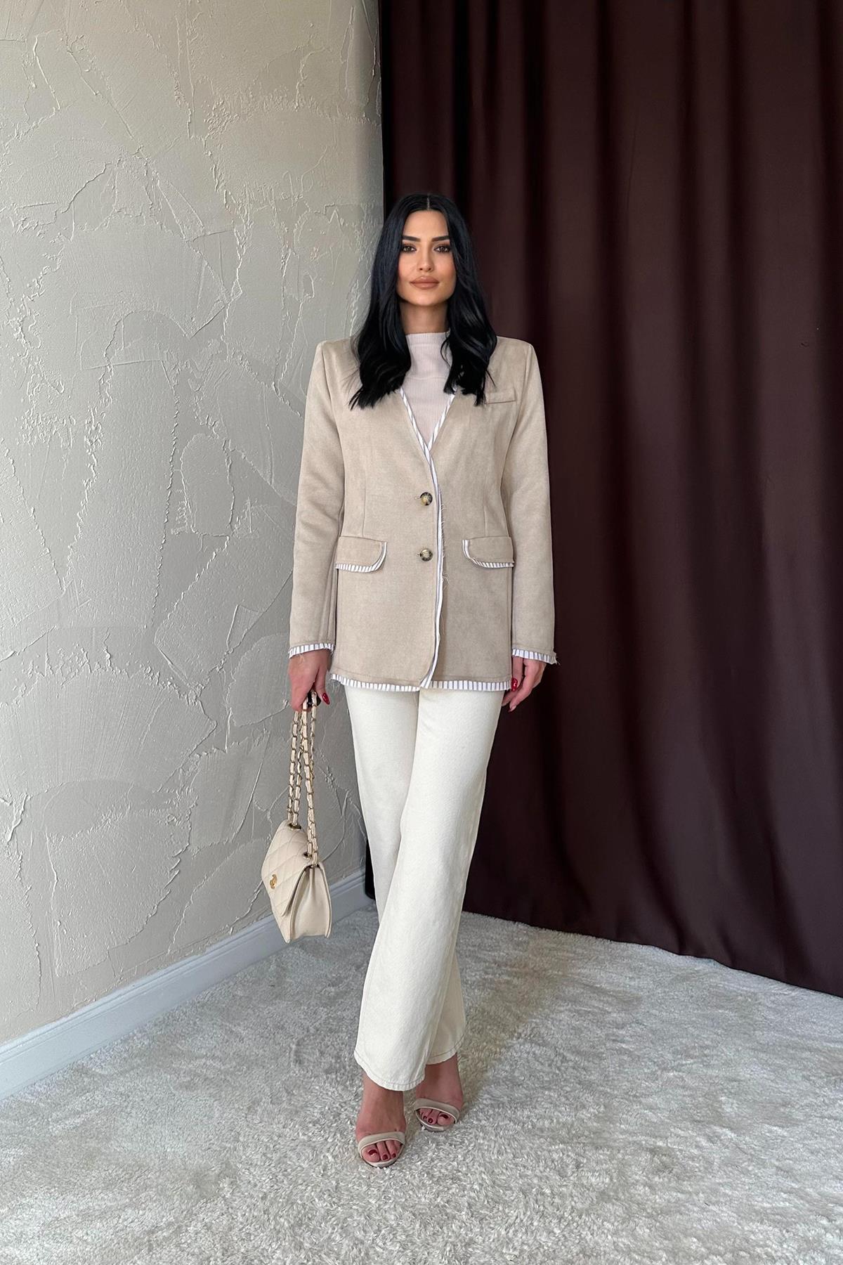 Toptan Bej Çizgili Astarlı Garnili Süet Ceket