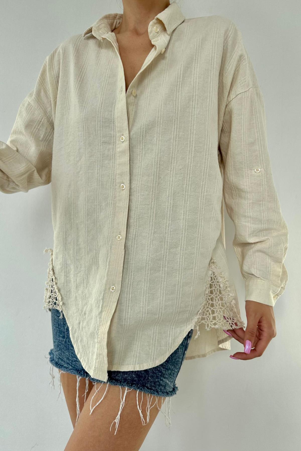 Toptan Bej Dantel Detaylı Keten Gömlek