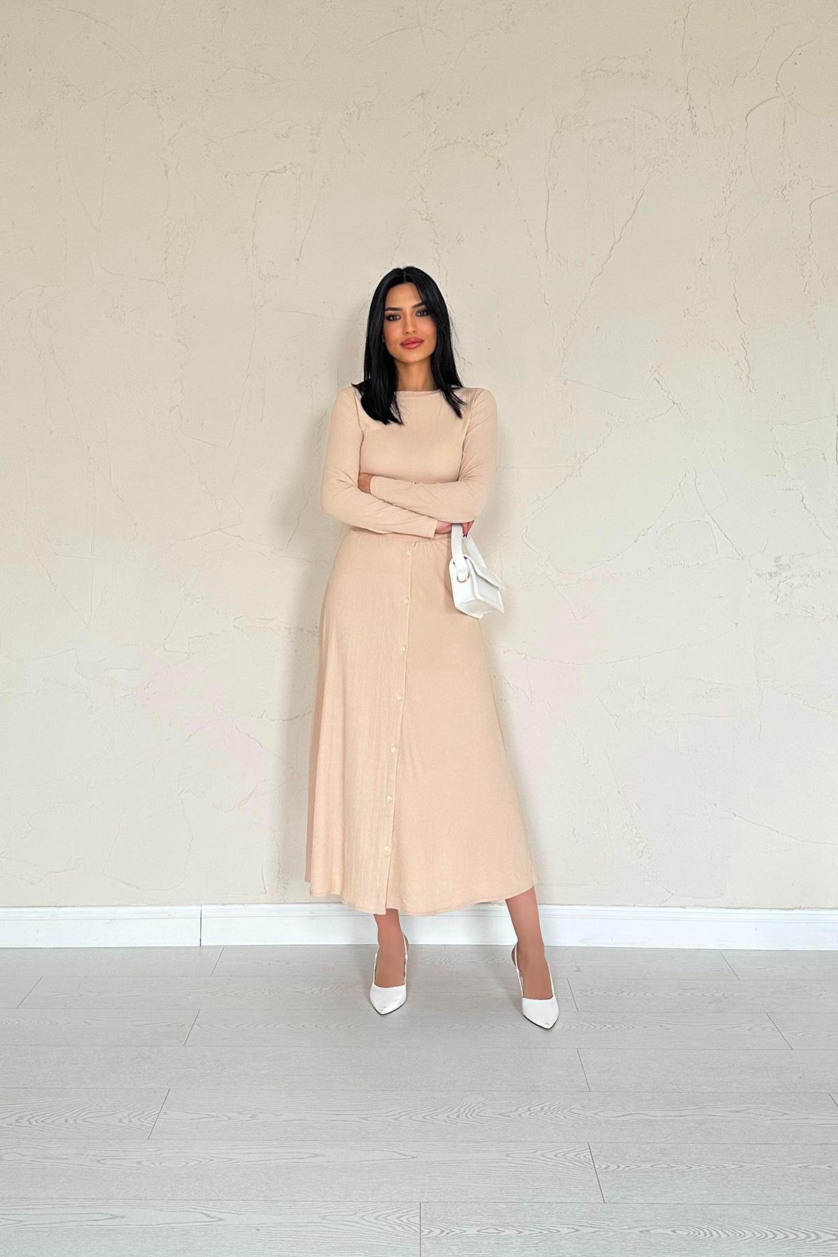 Toptan Bej Fitilli Bluz & Etek Takım Bej L