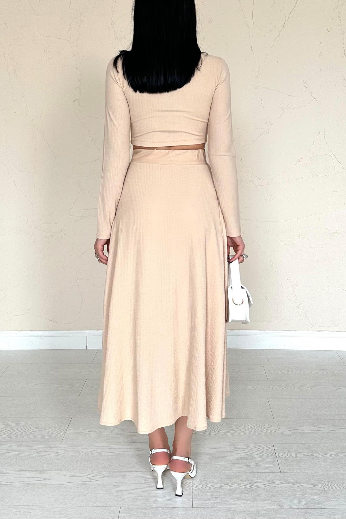 Toptan Bej Fitilli Bluz & Etek Takım