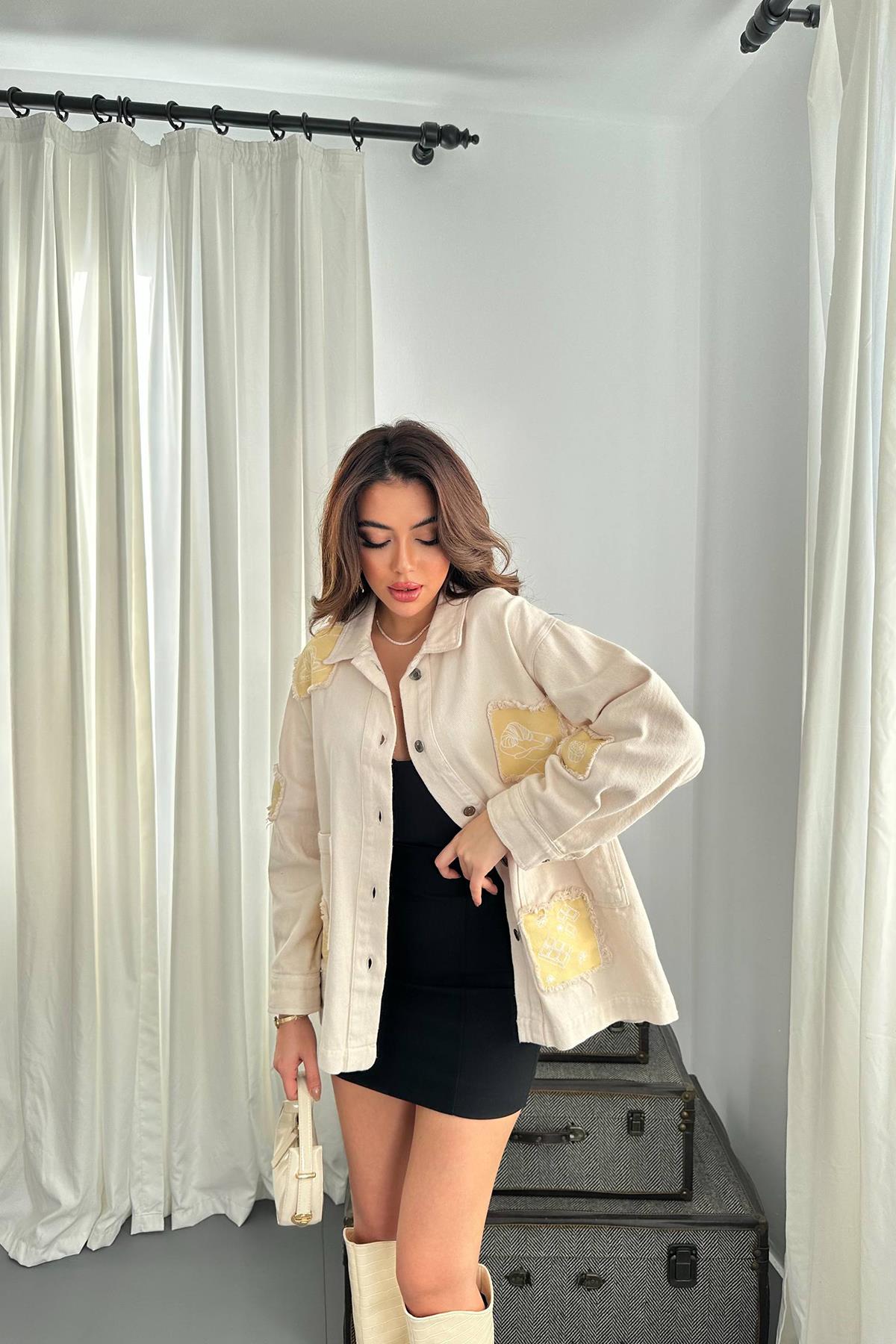 Toptan Bej Gabardin Arma Detaylı Gömlek Ceket