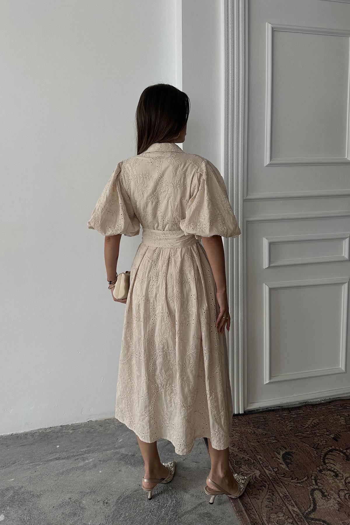 Toptan Bej Pileli Balon Kol Elbise