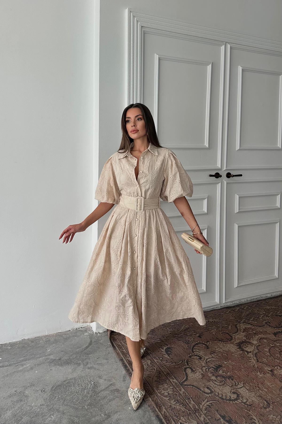 Toptan Bej Pileli Balon Kol Elbise Bej L