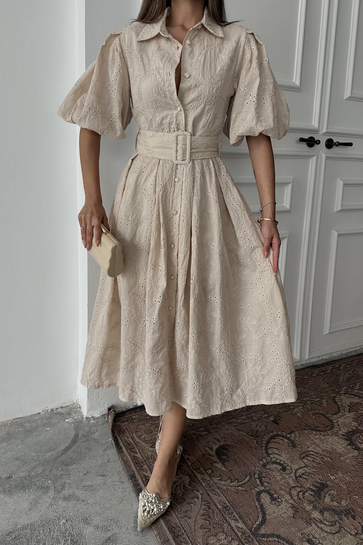 Toptan Bej Pileli Balon Kol Elbise