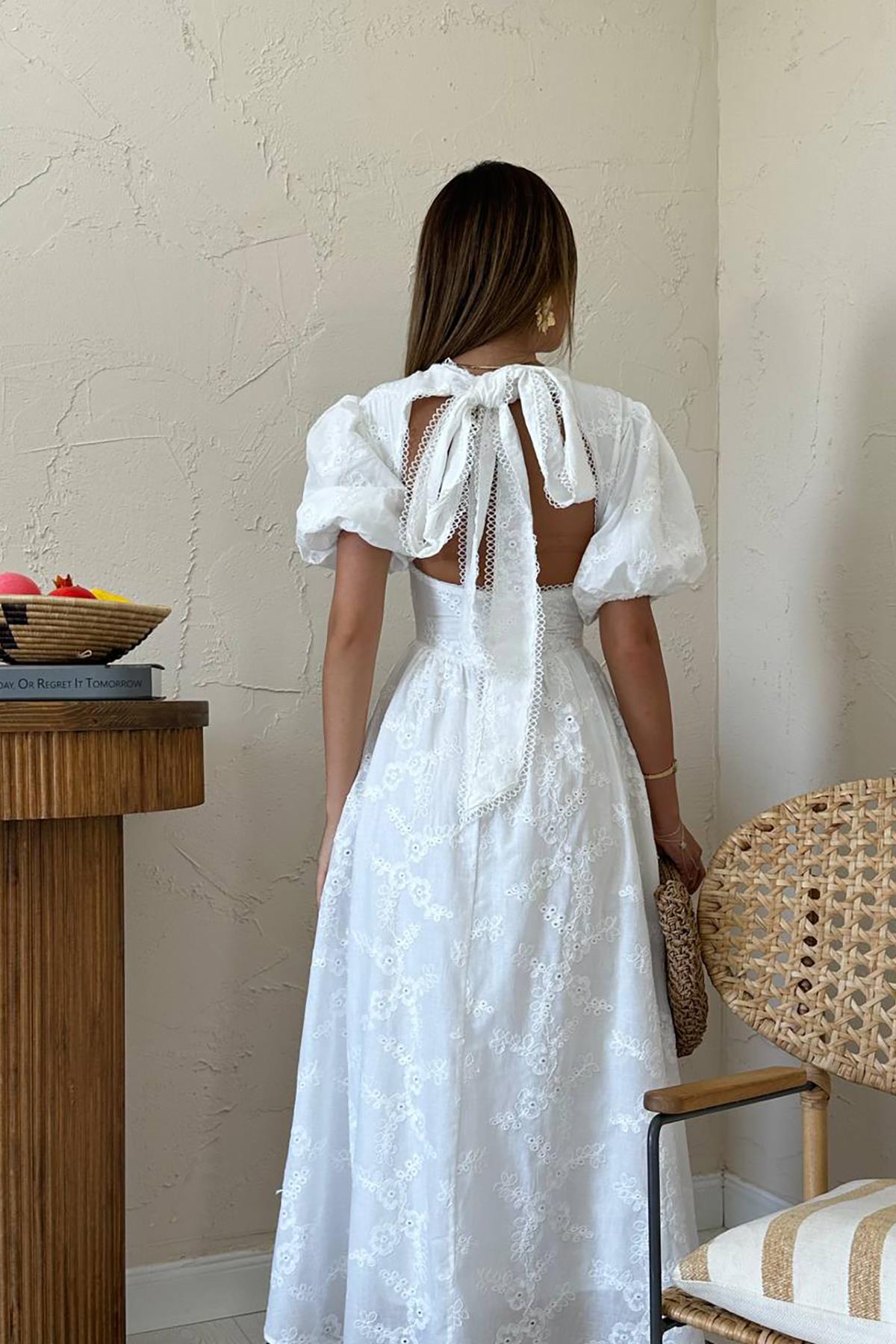 Toptan Beyaz Arkası Bağlamalı Brode Elbise