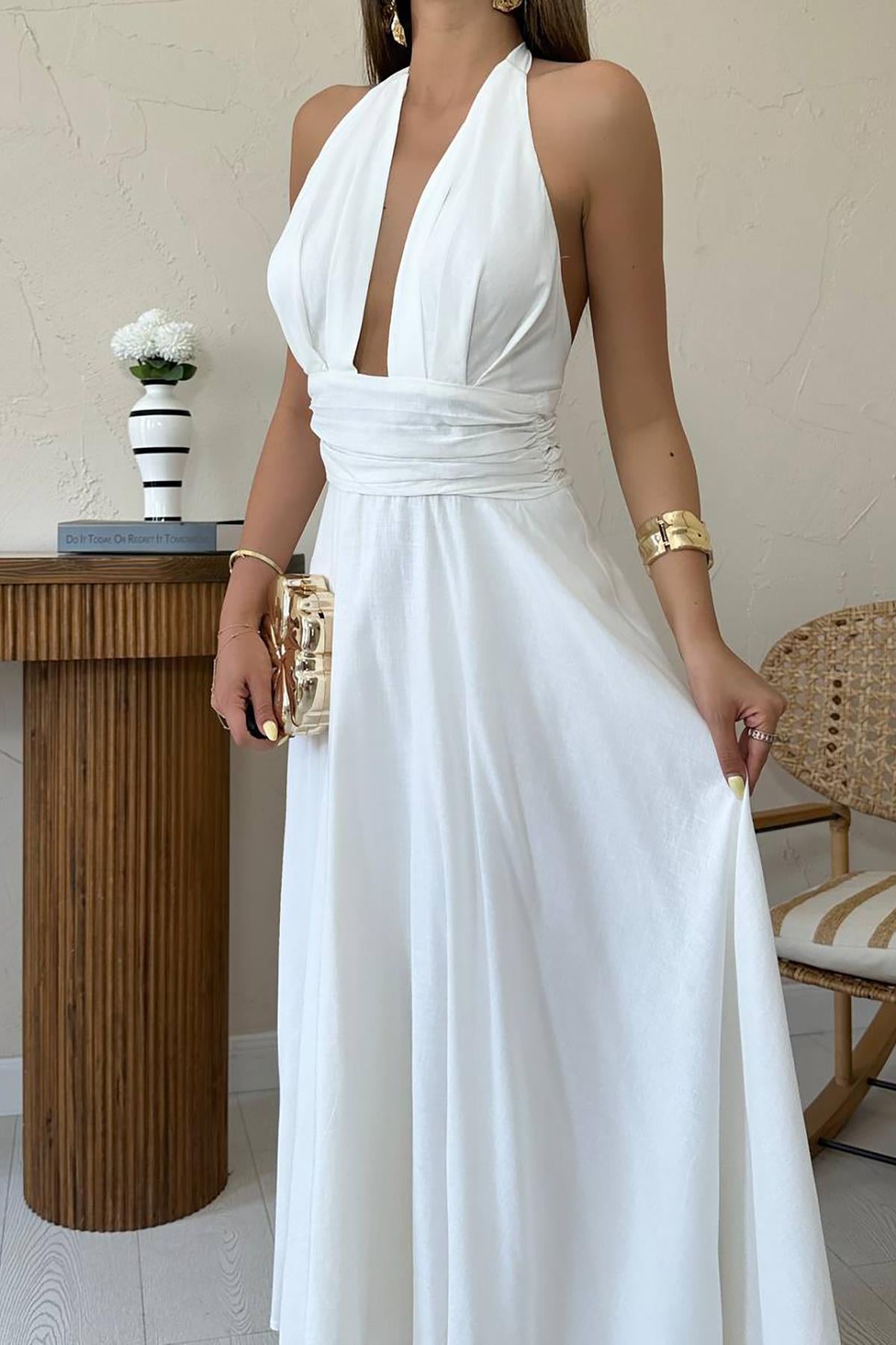 Toptan Beyaz Askılı Keten Elbise