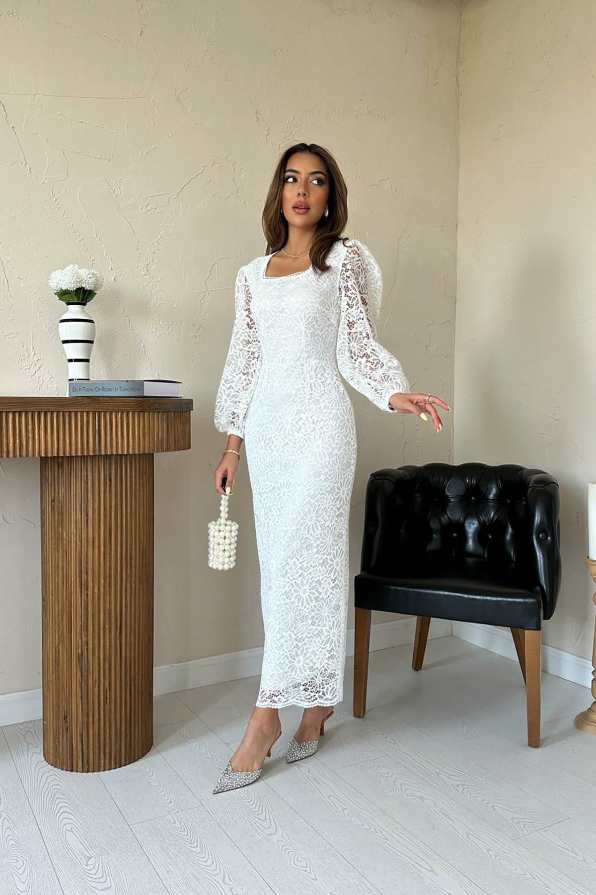 Toptan Beyaz Güpür Detaylı Dantel Elbise