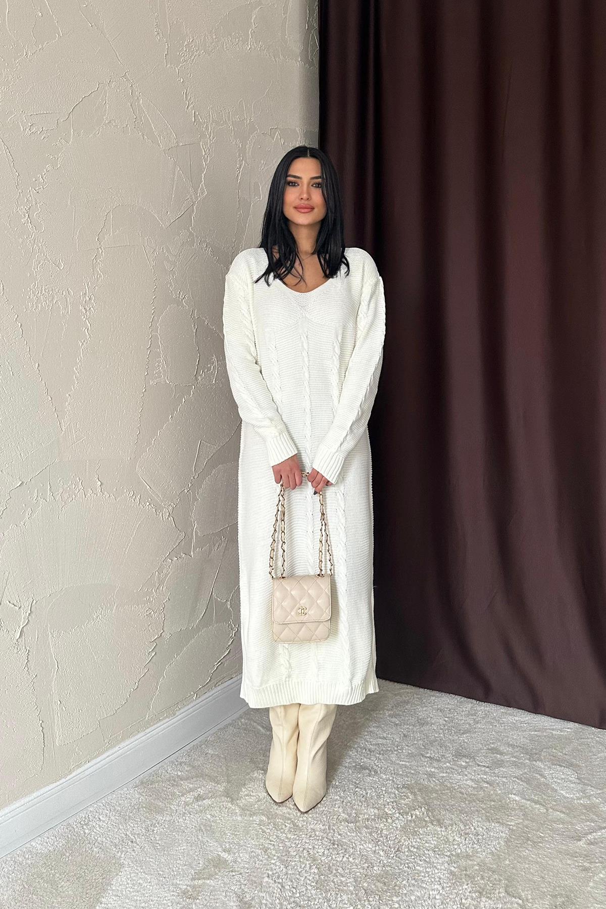 Toptan Beyaz Kemerli Triko Elbise Beyaz STD