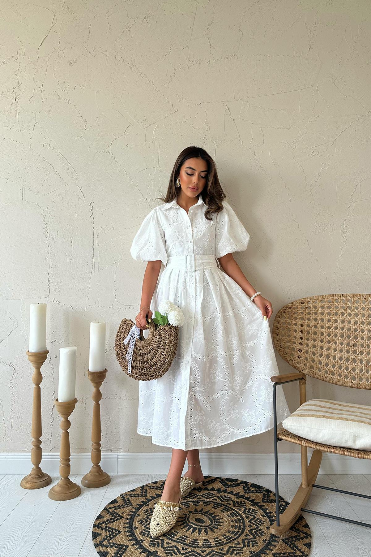 Toptan Beyaz Pileli Balon Kol Elbise Beyaz L