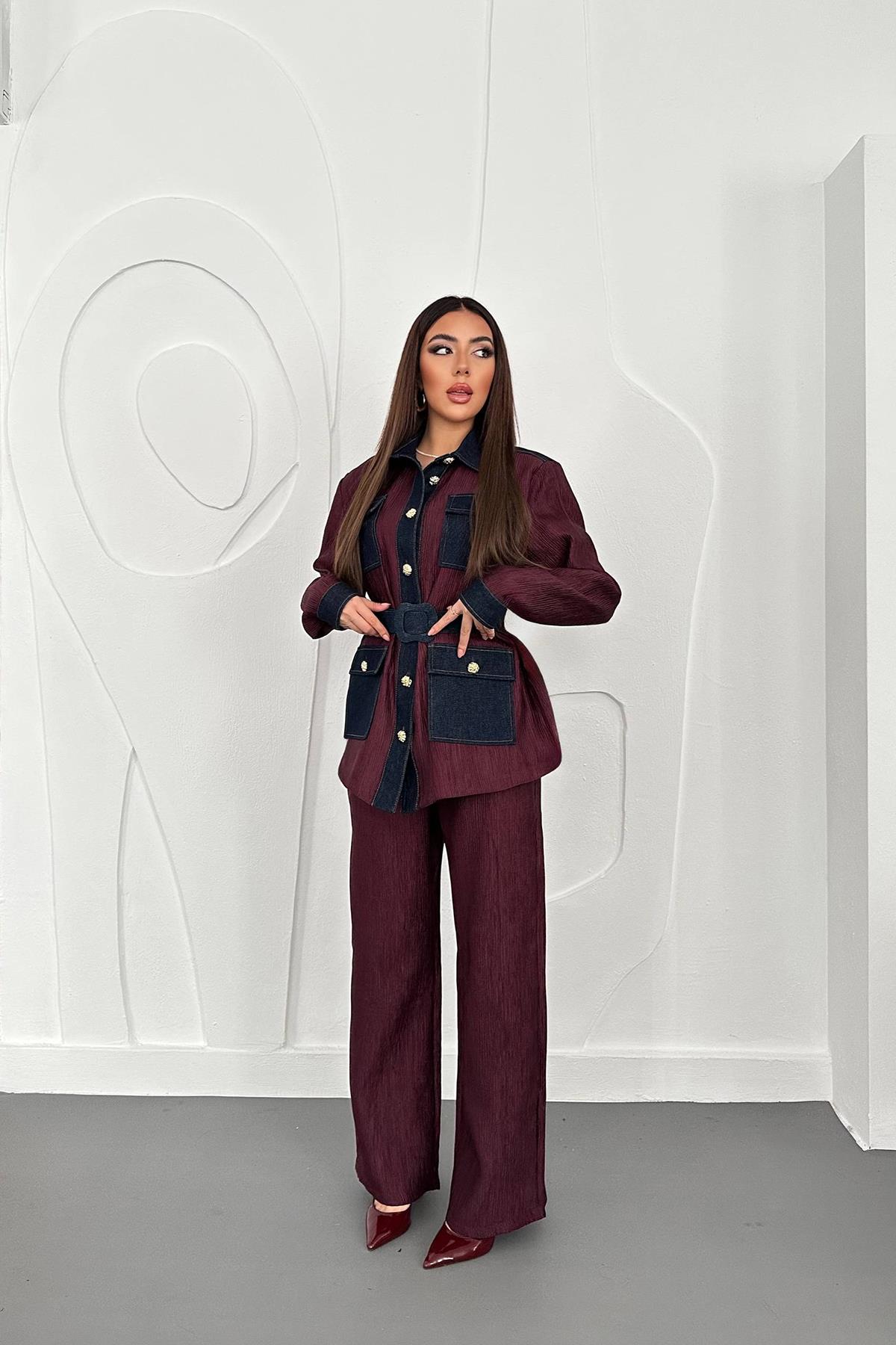 Toptan Bordo Garnili Cepli Gömlek Ve Pantolon Takım Bordo L