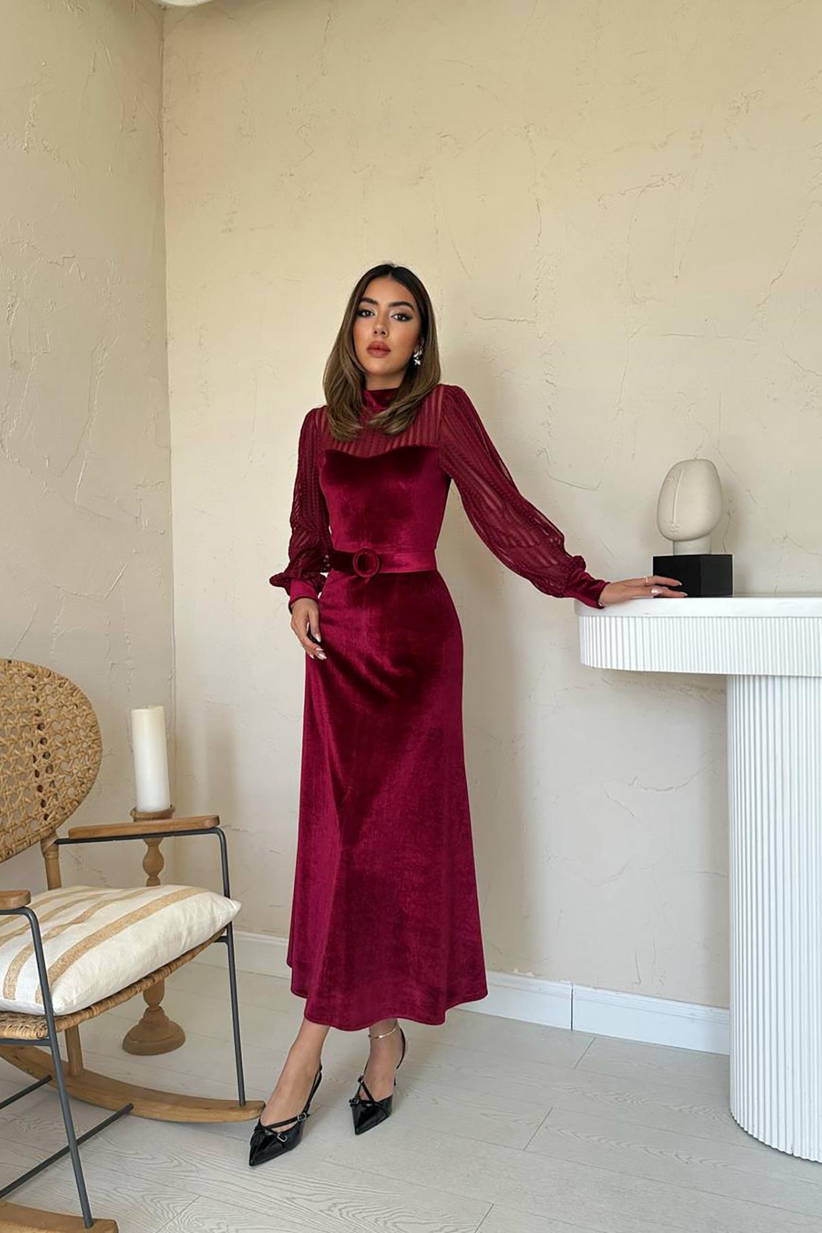 Toptan Bordo Kadife Dantel Detaylı Elbise Bordo L