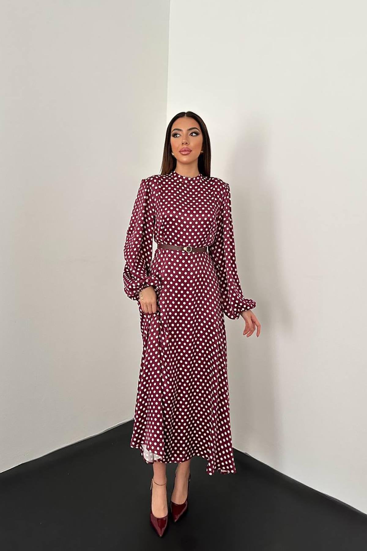Toptan Bordo Kemer Detaylı Puantiyeli Elbise
