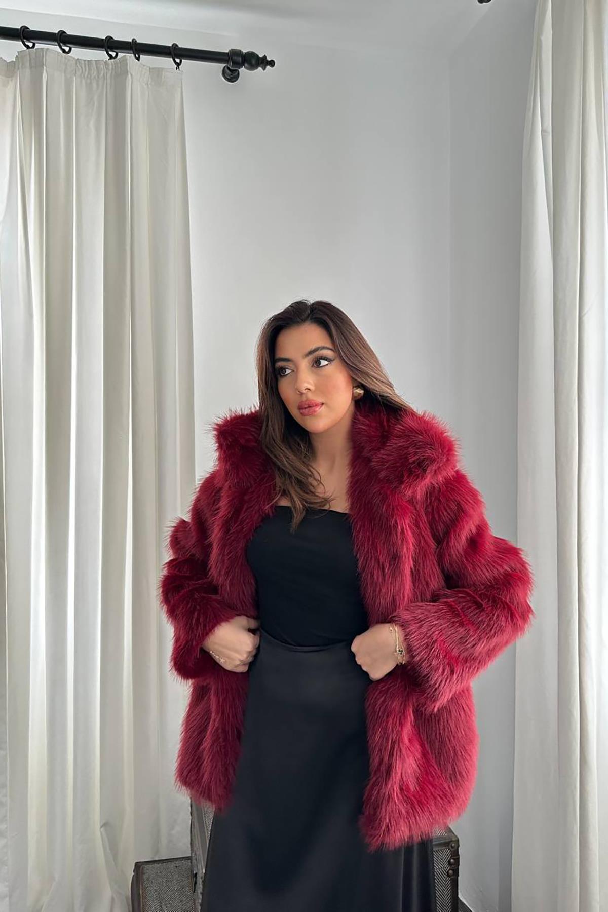 Toptan Bordo Kürk Montlu Ceket Bordo L