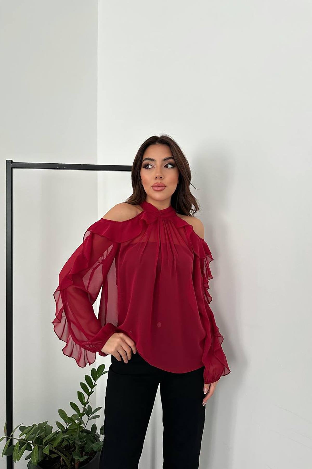 Toptan Bordo Omuzları Açık Bluz Bordo L