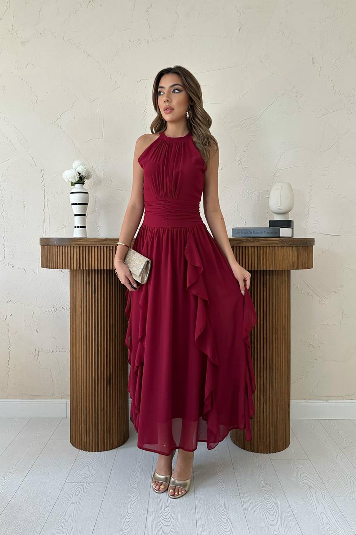 Toptan Bordo Önü Büzgülü Fırfırlı Elbise Bordo L