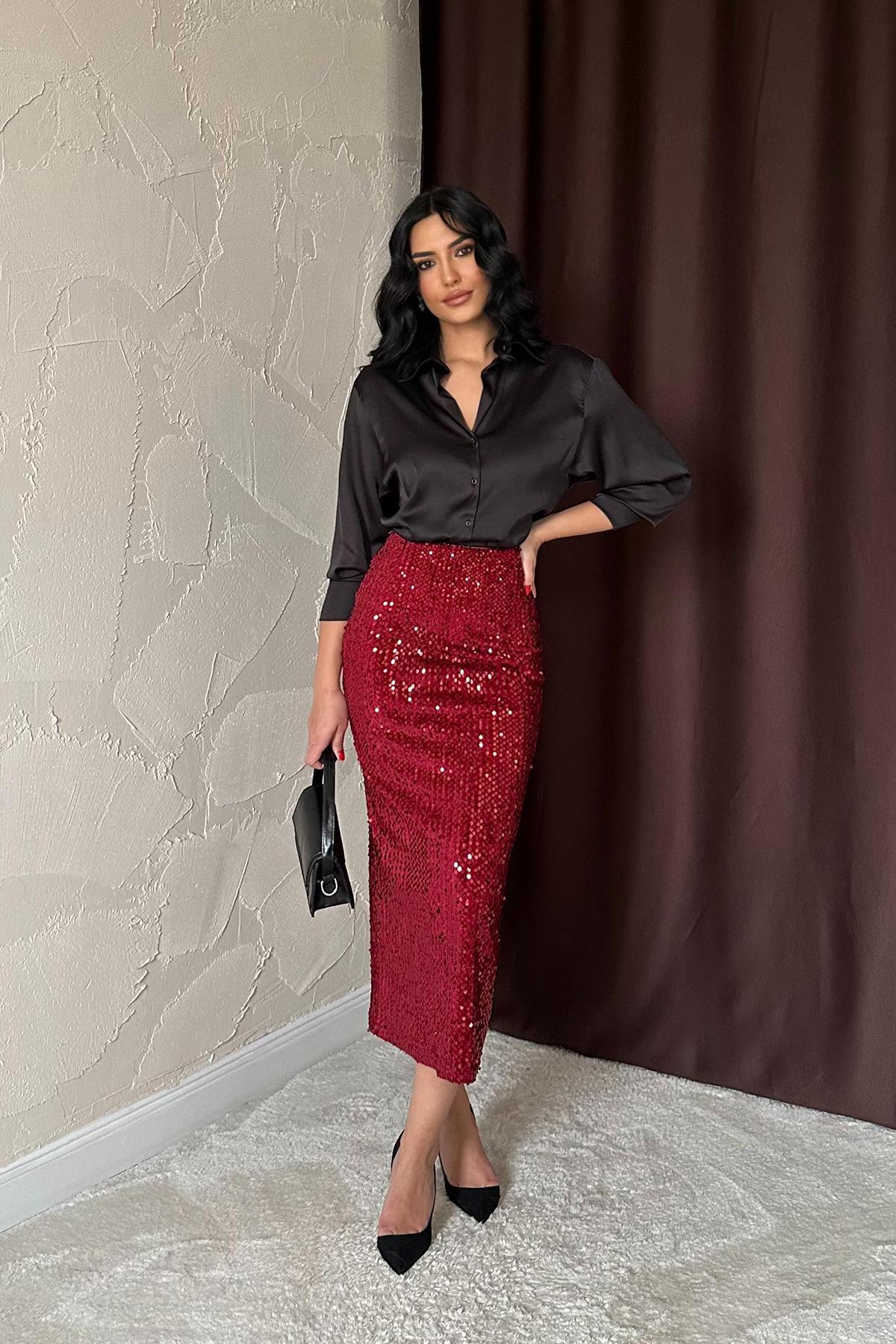 Toptan Bordo Pulpayetli Parlak Etek