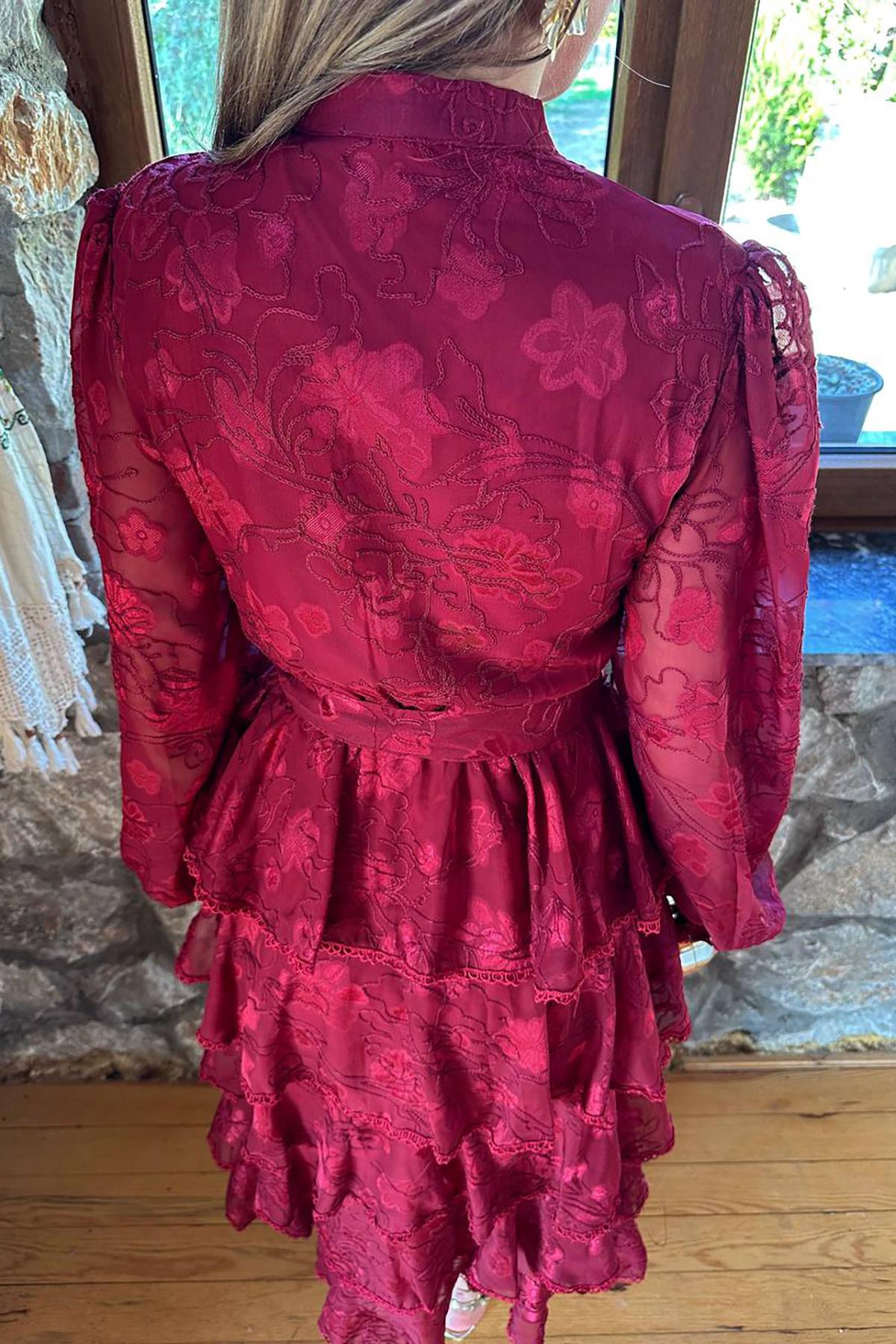 Toptan Bordo Valonlu Şeritli Kat Kat Elbise