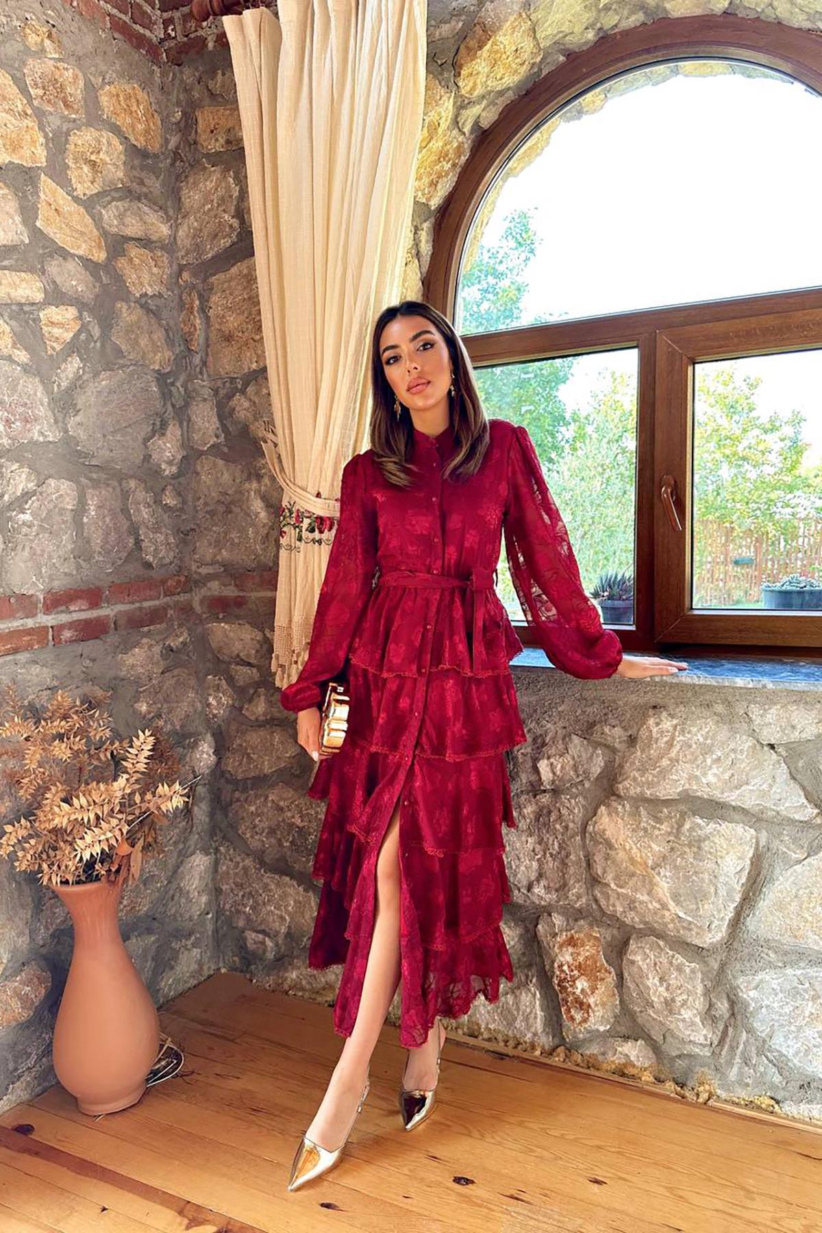 Toptan Bordo Valonlu Şeritli Kat Kat Elbise