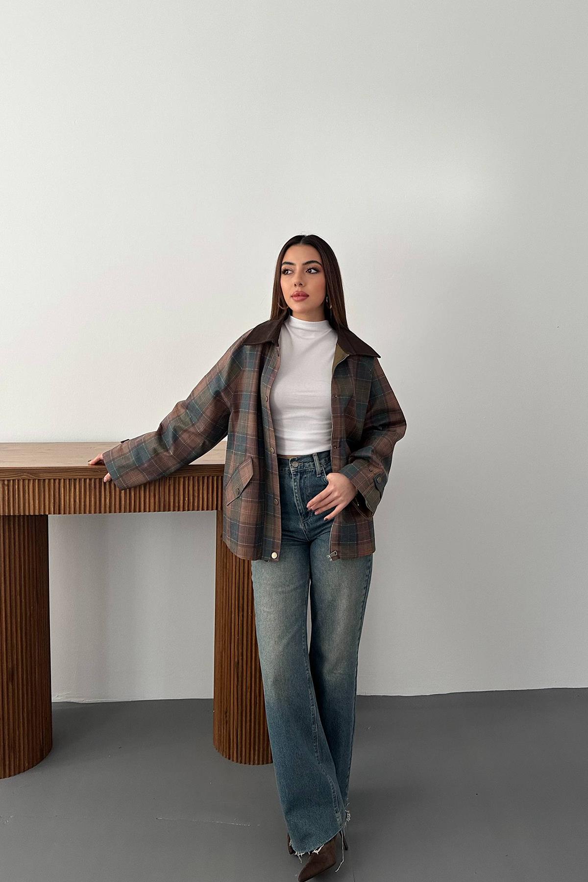 Toptan Bordo Yakası Garnili Ekose Ceket