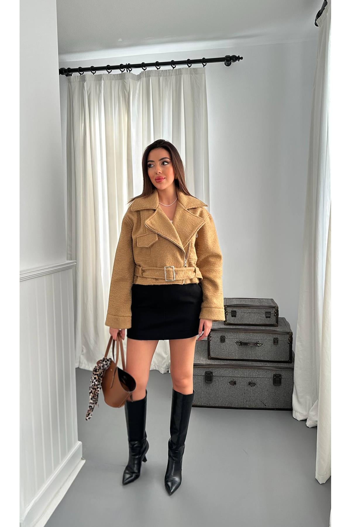 Toptan Camel Kuşgözü Kaşe Manto