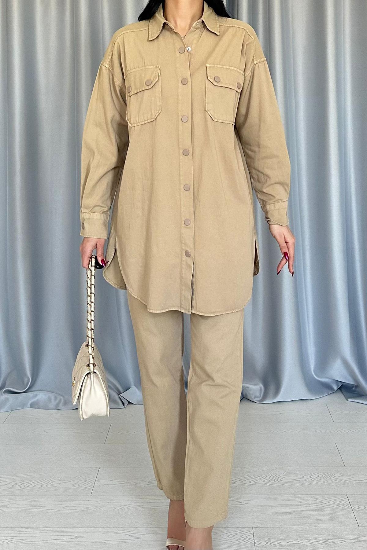 Toptan Camel Yıkamalı Gömlek Ve Pantolon Takım