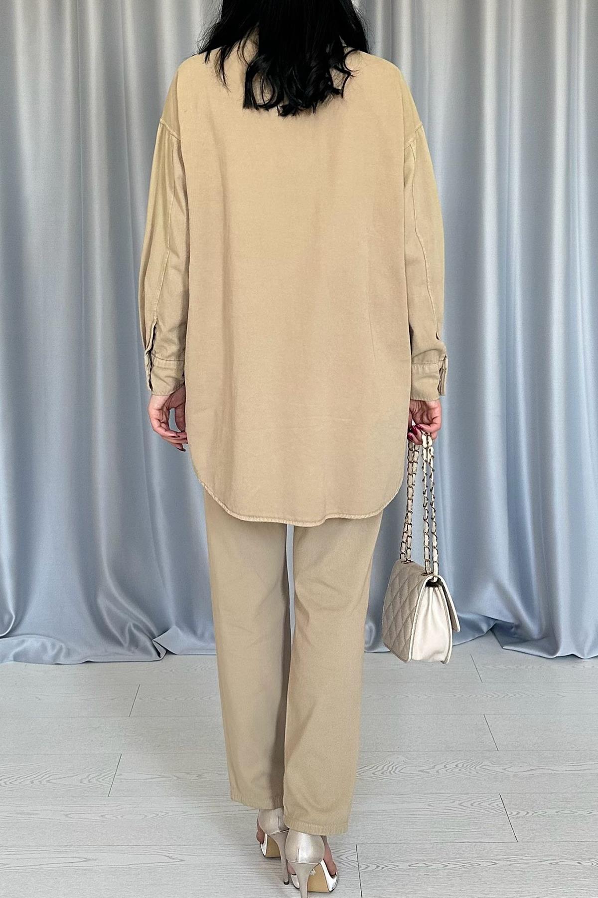 Toptan Camel Yıkamalı Gömlek Ve Pantolon Takım