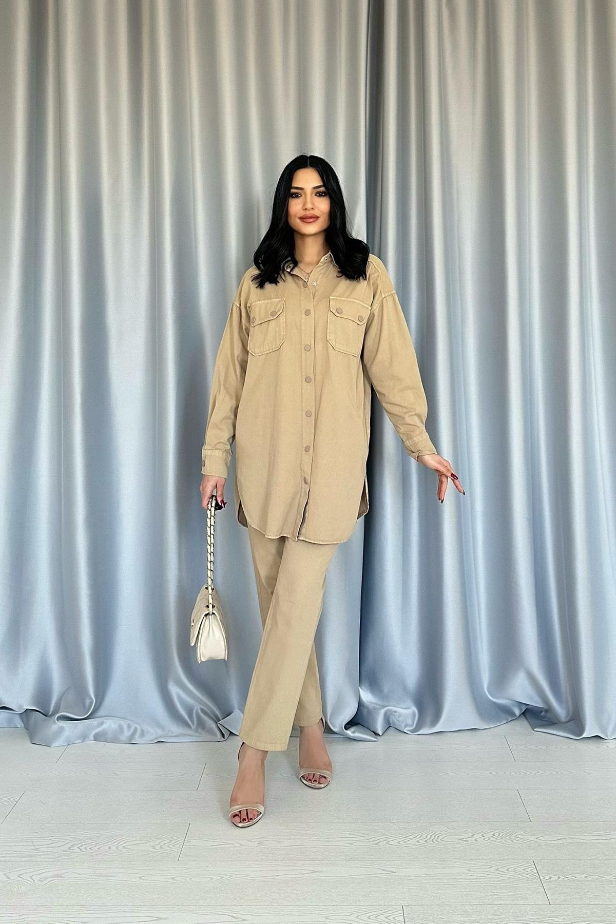 Toptan Camel Yıkamalı Gömlek Ve Pantolon Takım