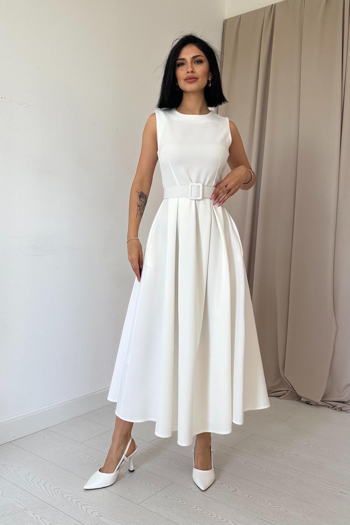 Toptan Ekru Halter Yaka Kloş Elbise Ekru L