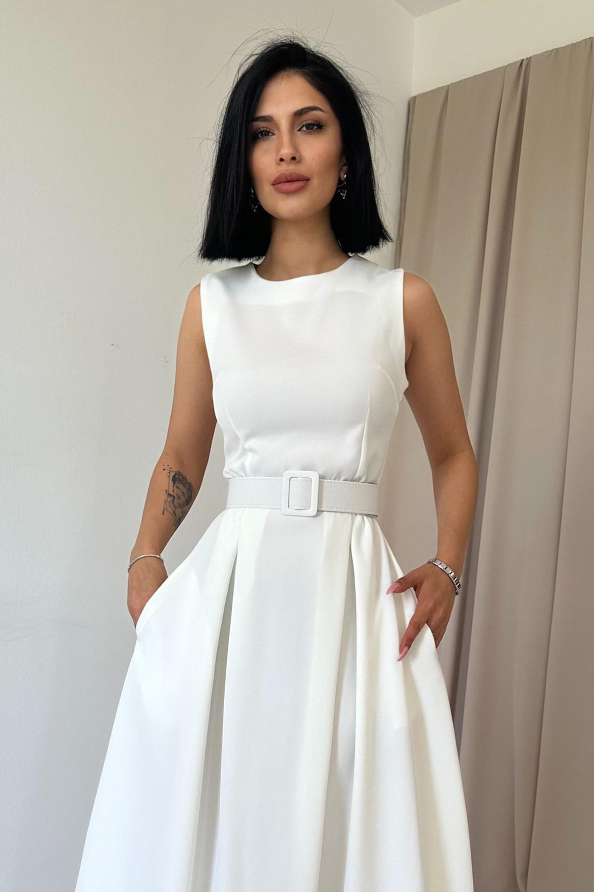 Toptan Ekru Halter Yaka Kloş Elbise