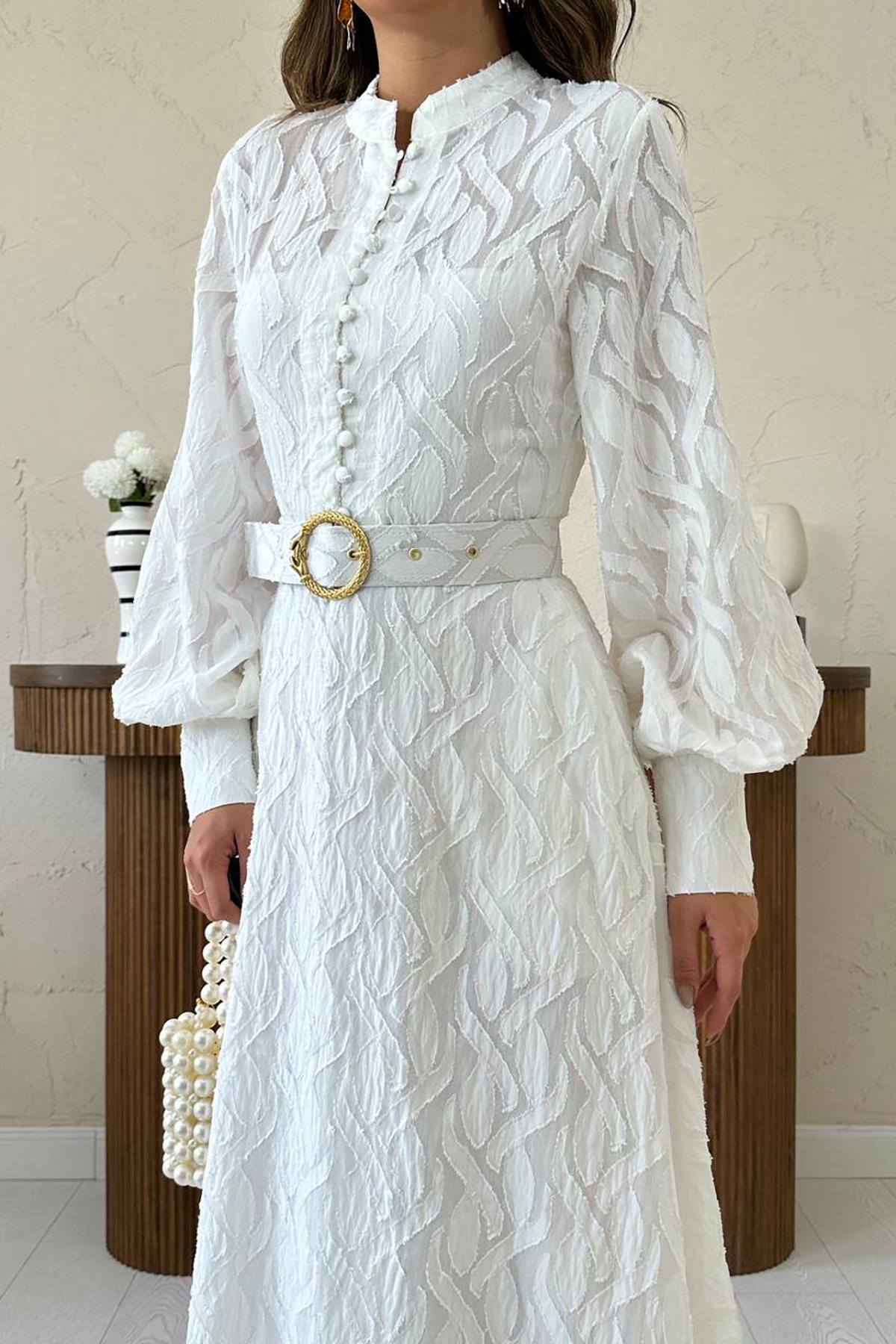 Toptan Ekru Kemer Detaylı Uzun Elbise