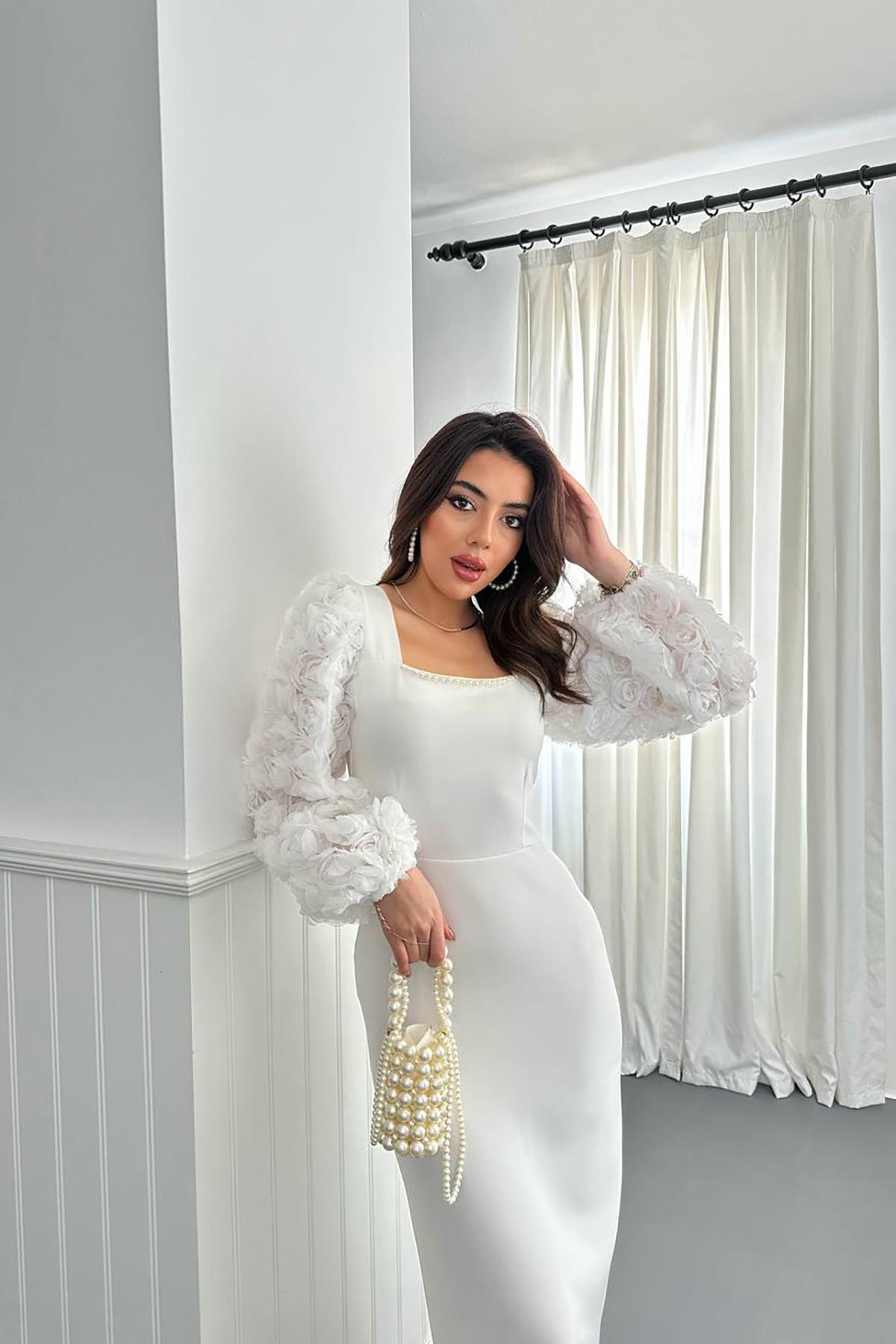 Toptan Ekru Kolları Çiçekli Atlas Elbise