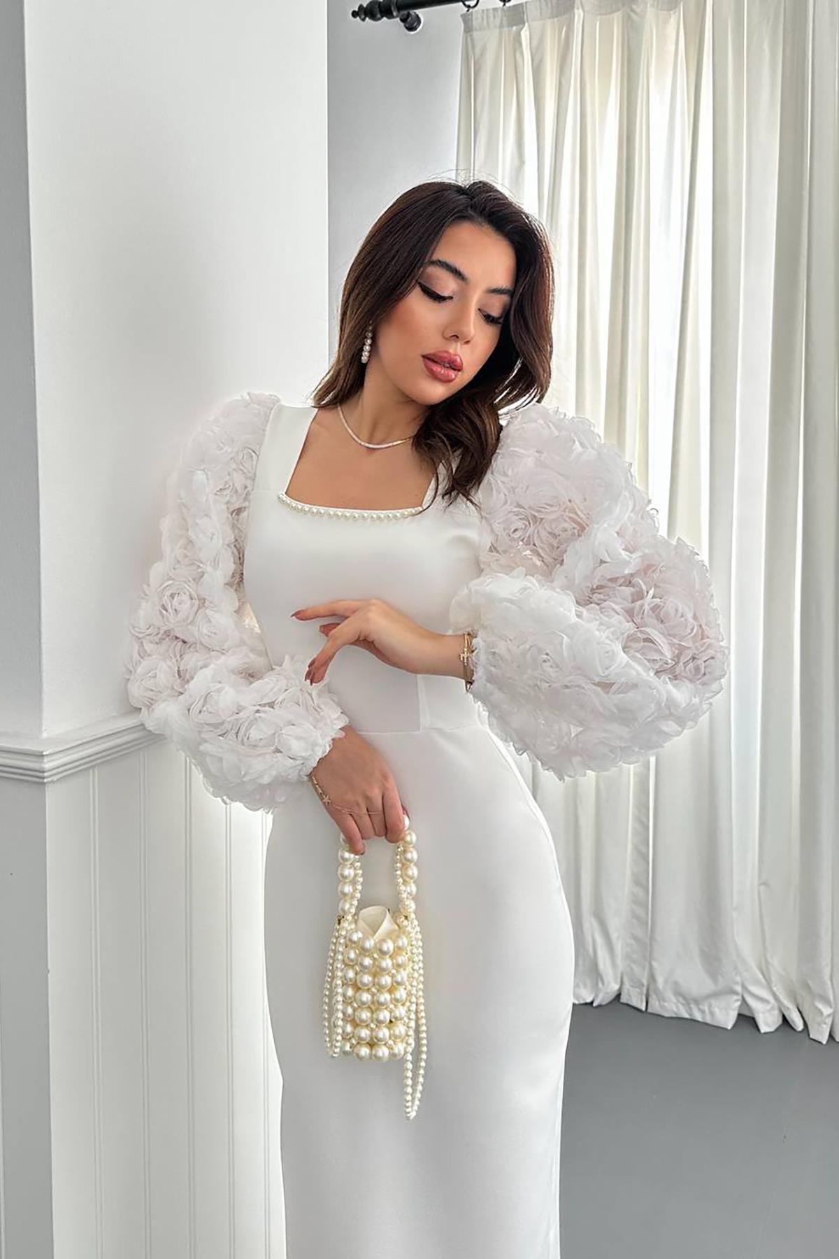 Toptan Ekru Kolları Çiçekli Atlas Elbise