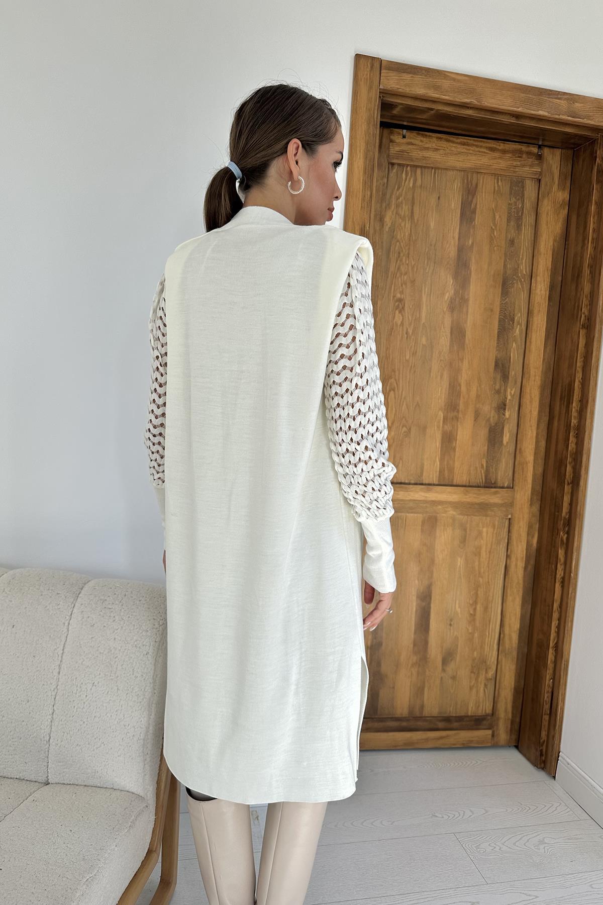 Toptan Ekru Kolları Örgülü Triko Hırka