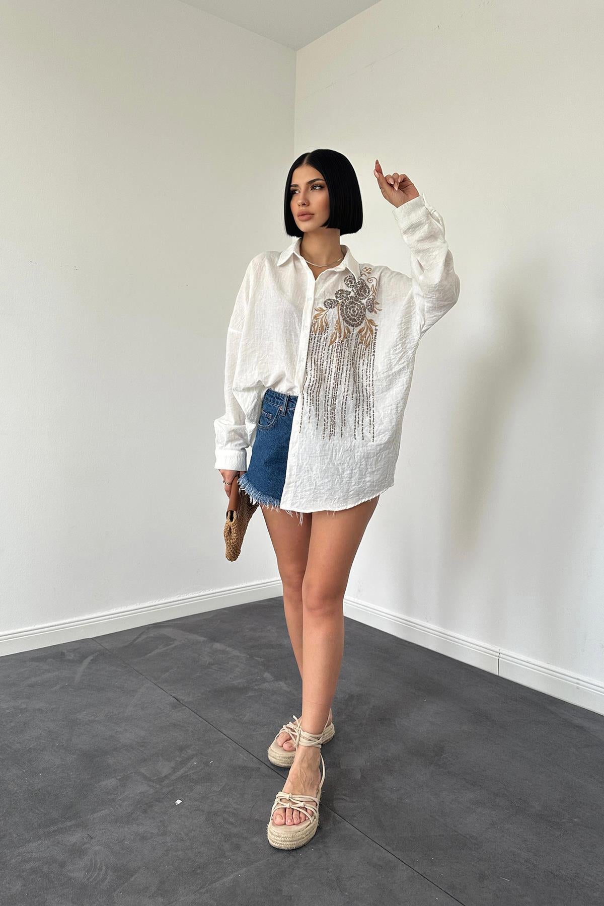 Toptan Ekru Pulpayet Nakışlı Bedensiz Gömlek