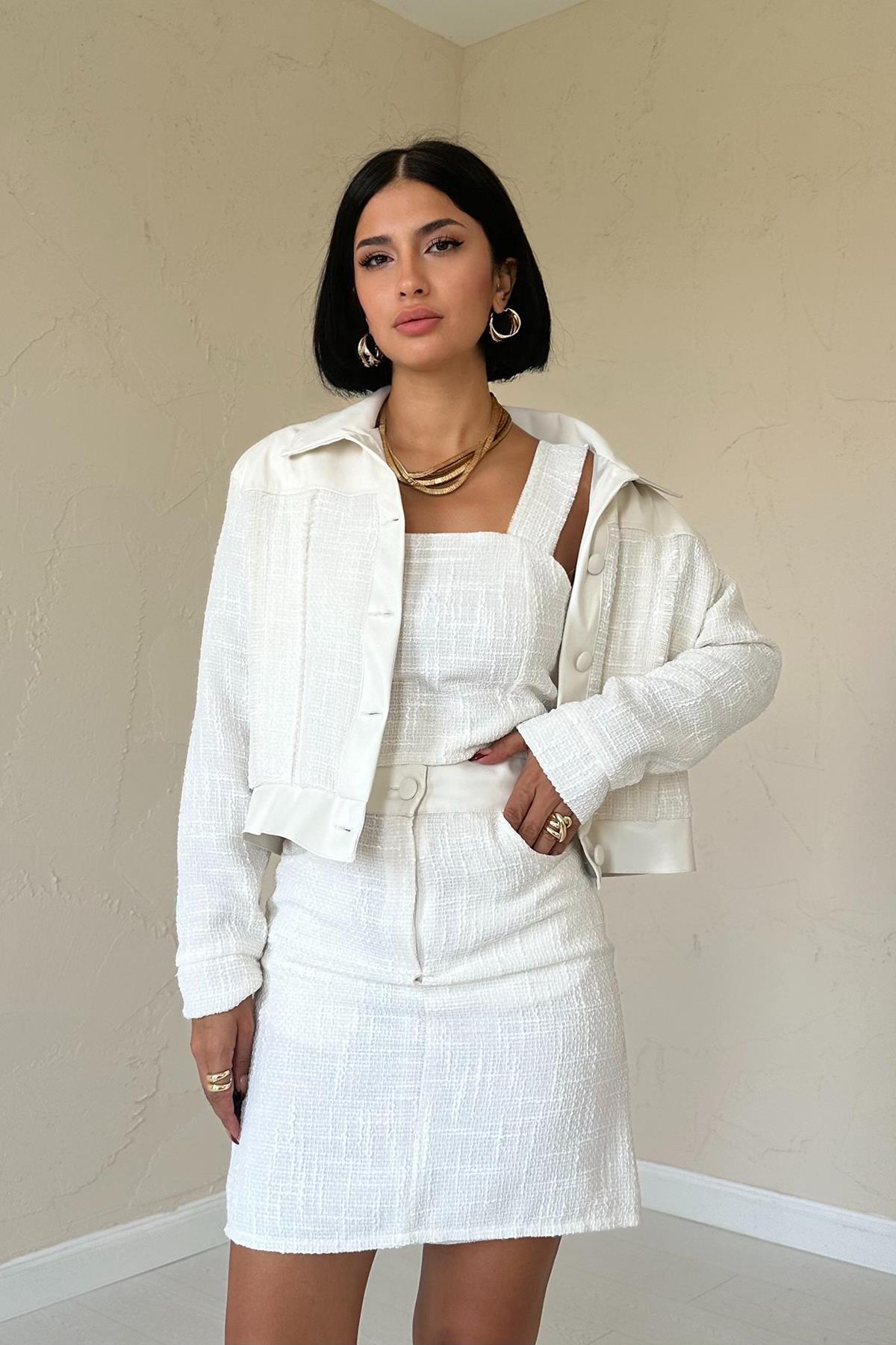 Toptan Ekru Üçlü Deri Garnili Ceket Ve Pantolon Takım