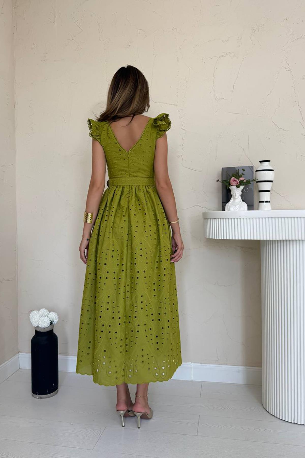 Toptan Fıstık Yeşili Dantelli Brode Elbise